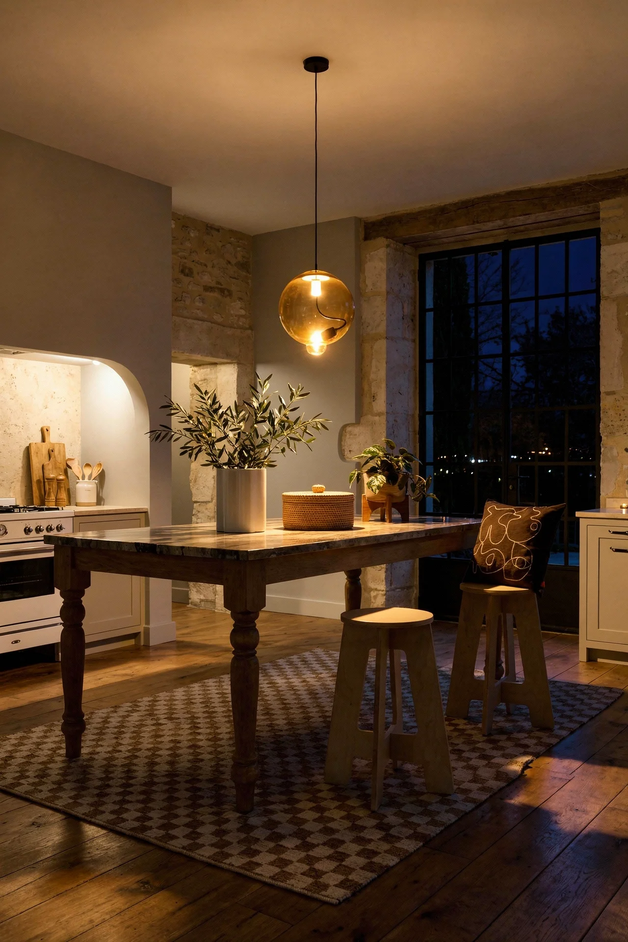 French country kitchen evening lighting featuring freestanding island with amber glass pendant