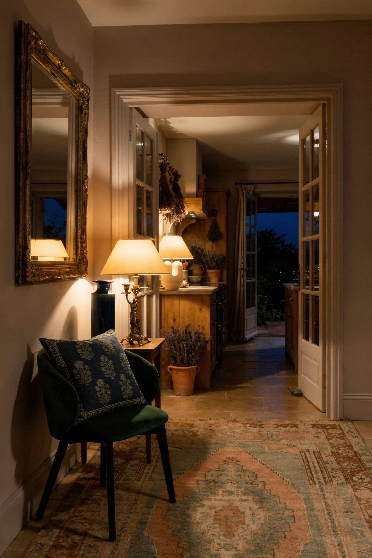 French country kitchen lavender paint evening lighting featuring green wood armchair with gilt framed mirror and ivory ceramic lamp