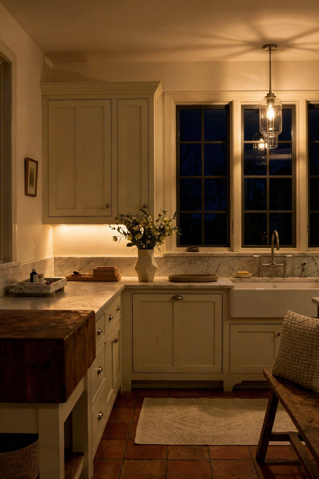 French Country kitchen evening lighting featuring honed marble countertop with crystal glass pendant