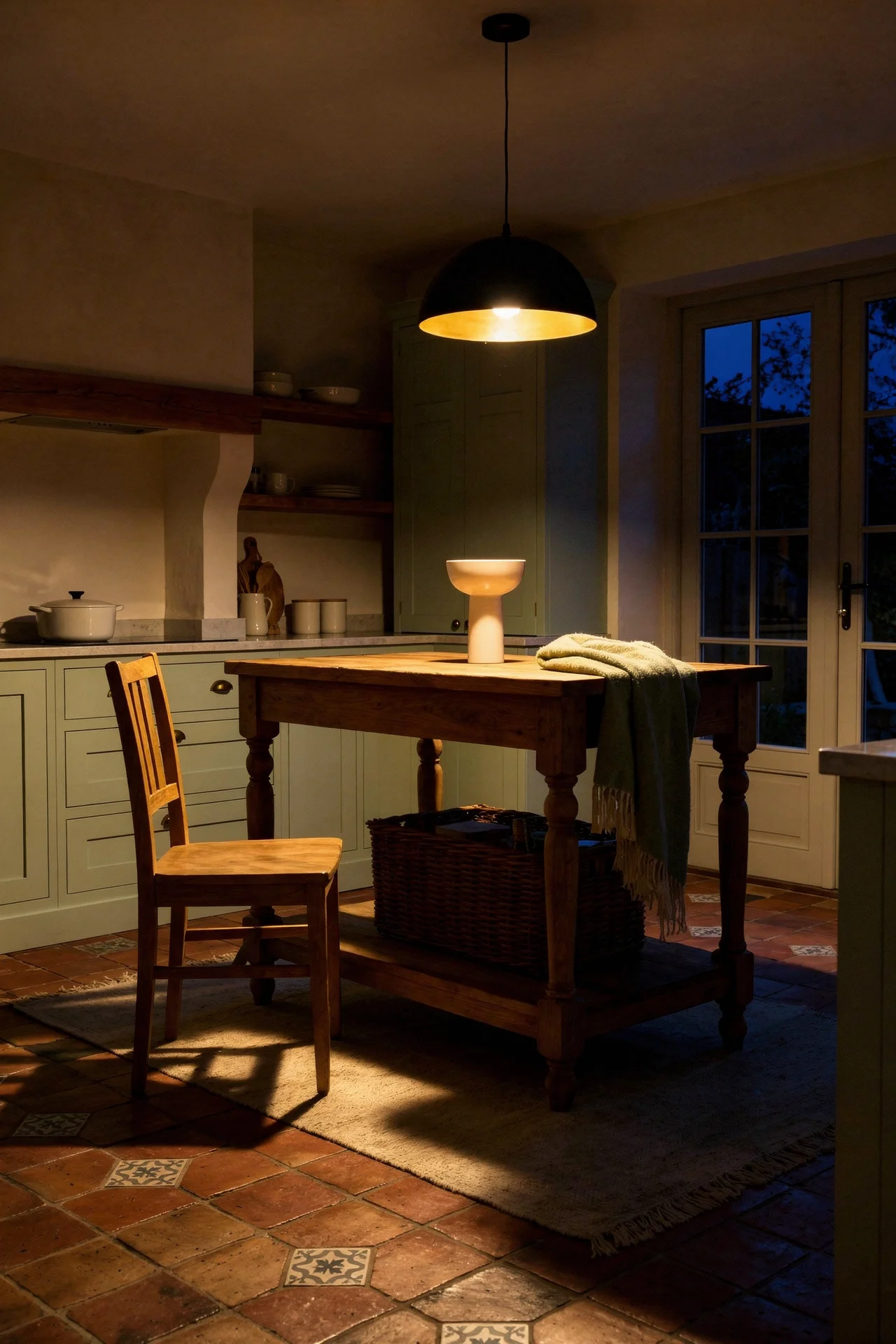 French country kitchen evening lighting featuring reclaimed oak island with brass dome pendant