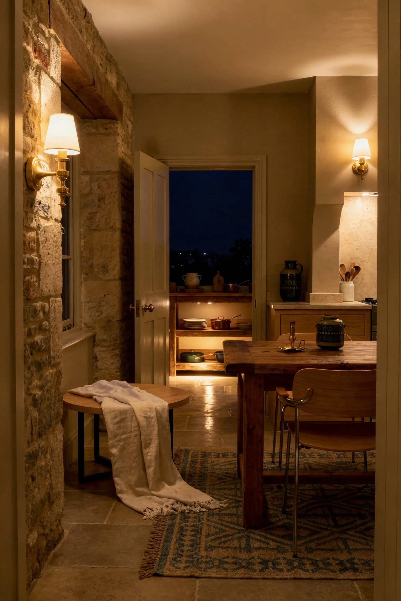 French country kitchen evening lighting featuring pale oak table with blue kilim rug and brass sconce