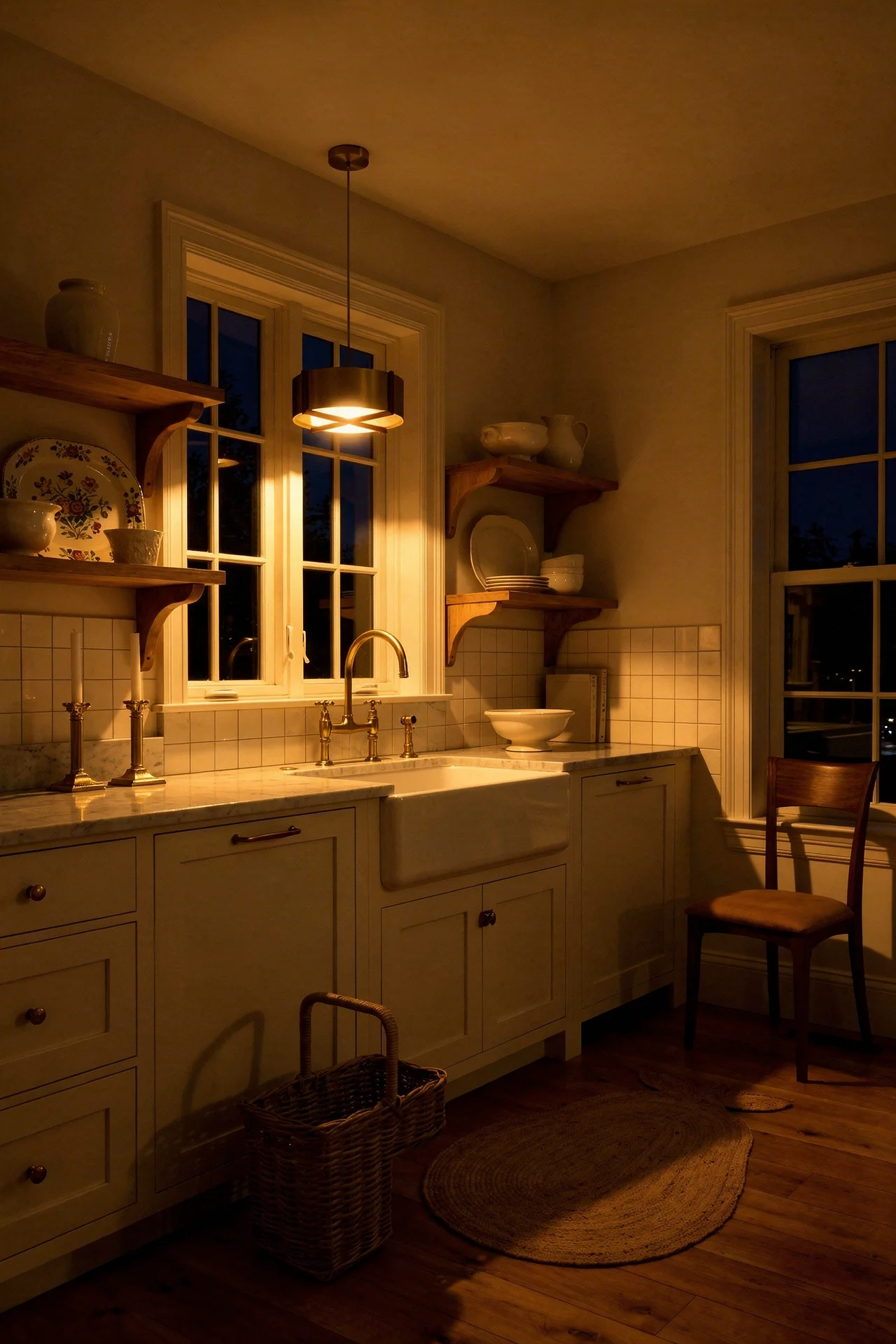 French country kitchen open shelves evening lighting featuring oak side chair with ironstone and brass pendant