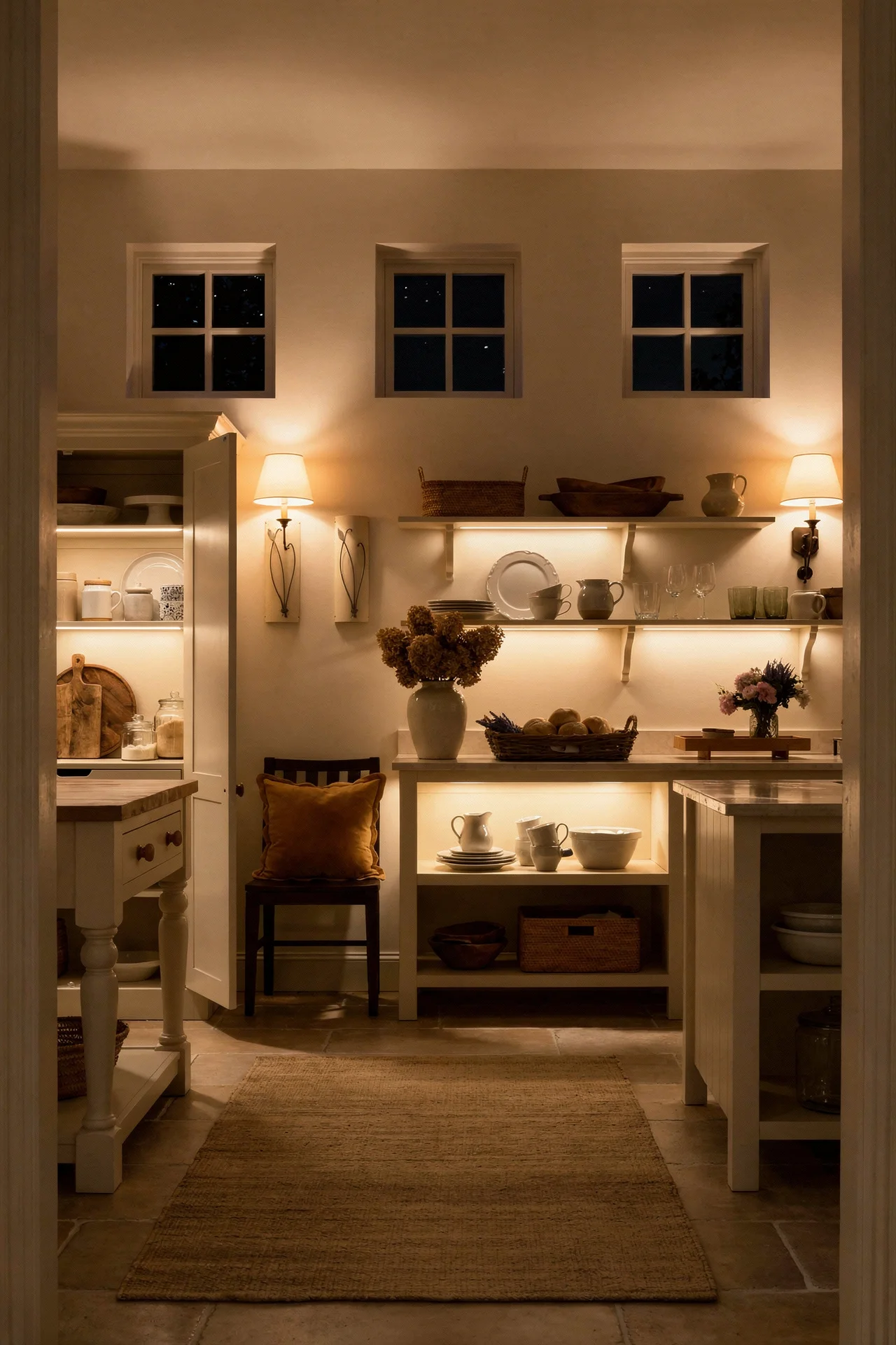 French Country Kitchens evening lighting featuring driftwood splatback chair with goldenrod pillow and open pine shelving
