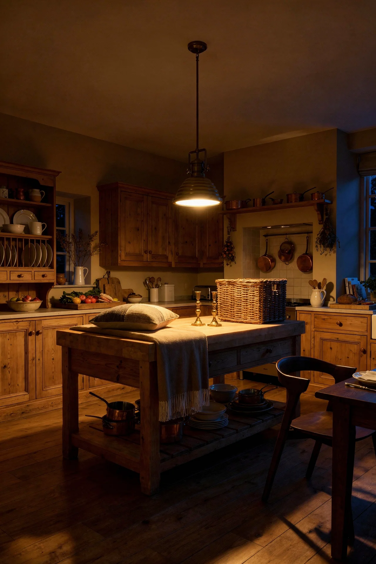 French country kitchen evening lighting featuring aged pine table with heritage brass pendant