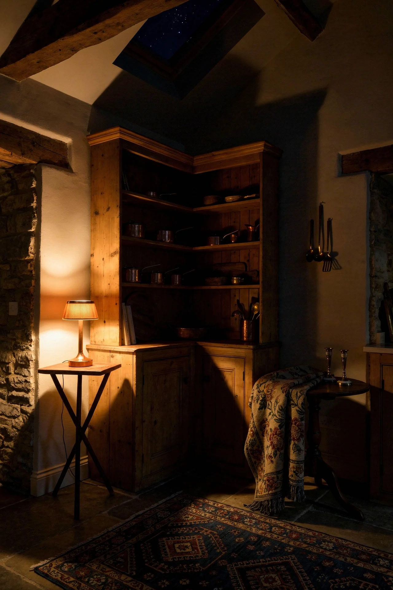 French country kitchen evening lighting featuring antique pine tripod table with copper rattan lamp