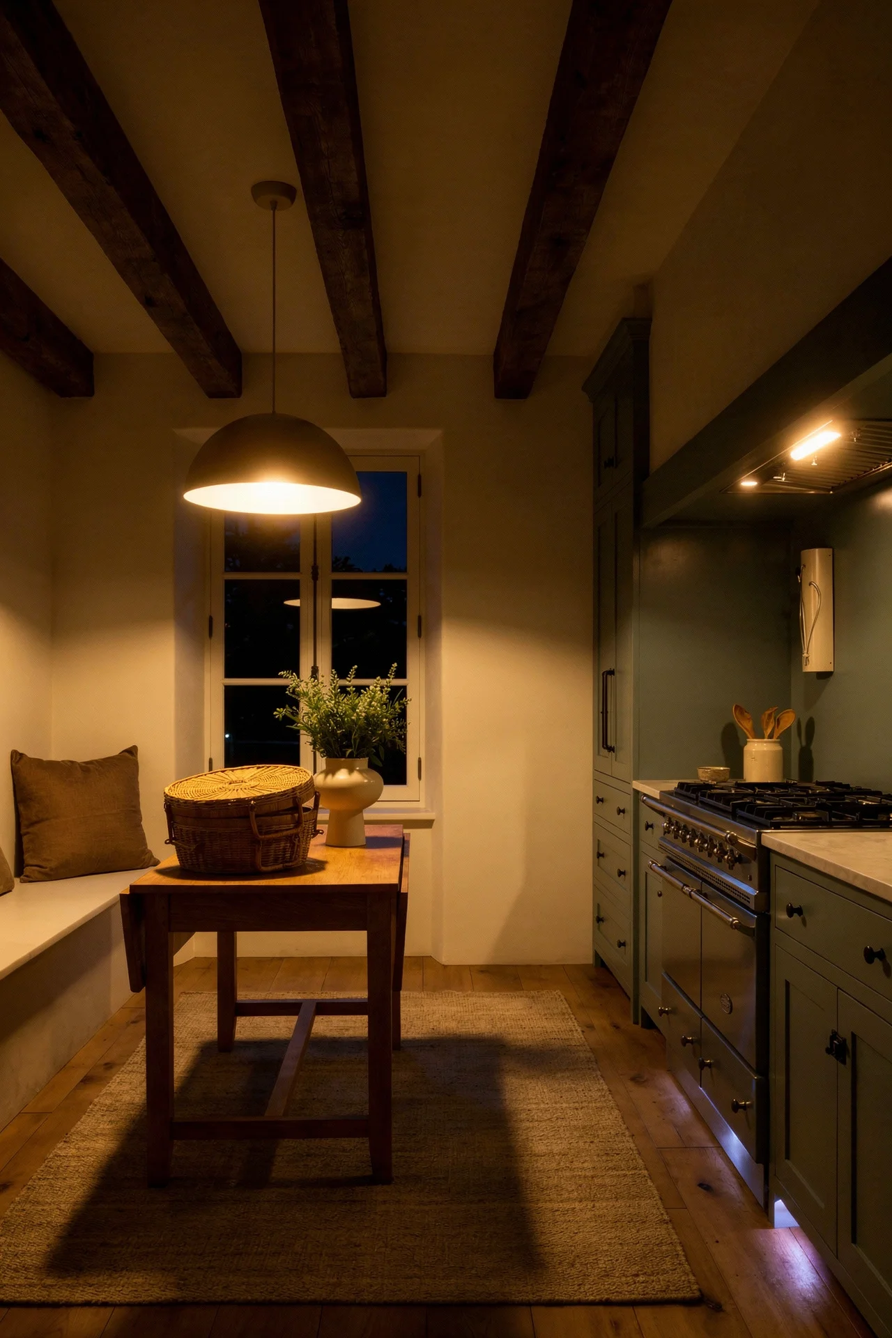 French country kitchen evening lighting featuring reclaimed beams with cashmere dome pendant