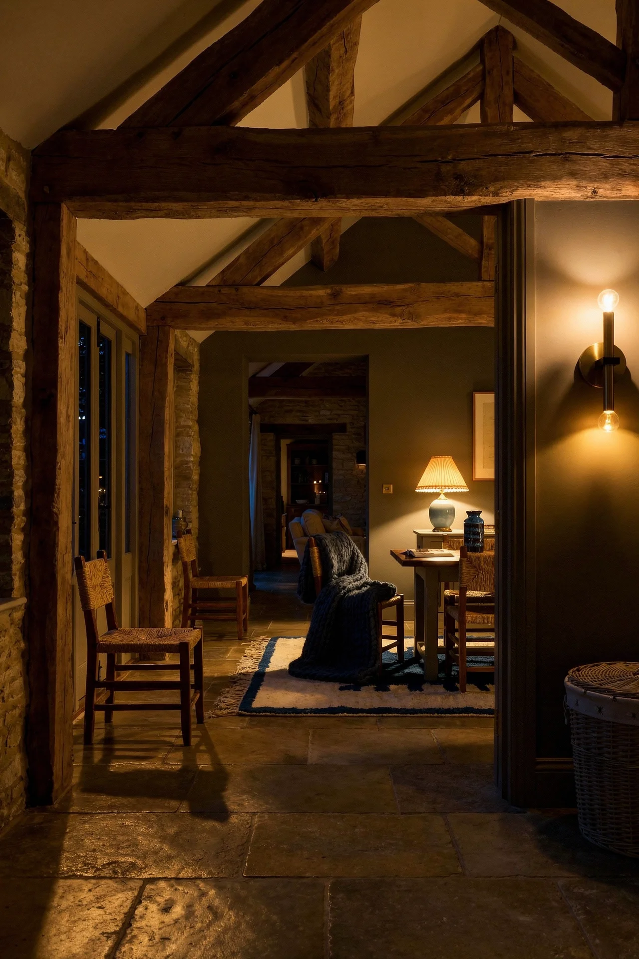 French Country Kitchens evening lighting featuring Moroccan woven chair with blue Berber rug under reclaimed oak beams