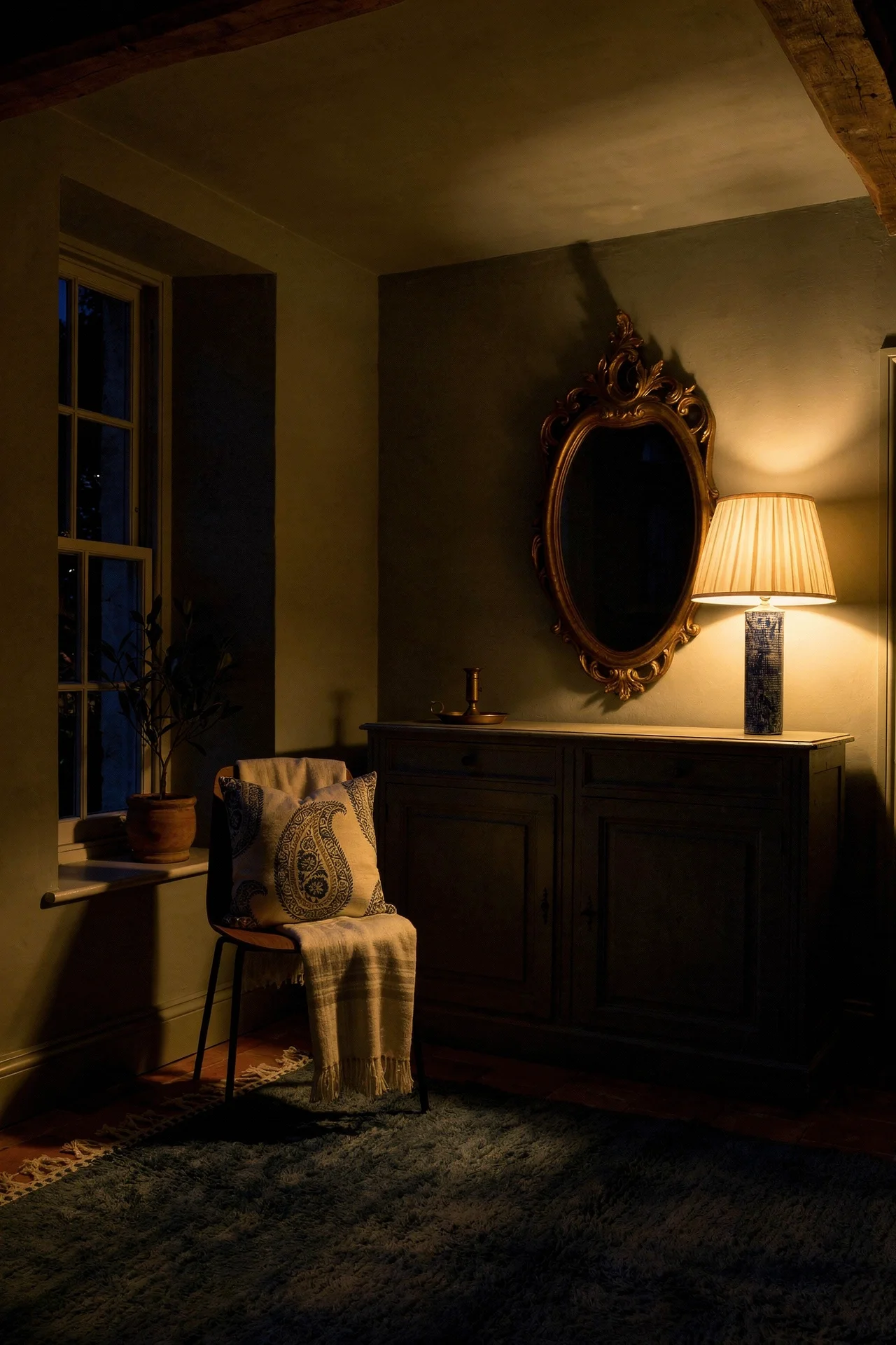 French country kitchen evening lighting featuring walnut dining chair with sage green walls