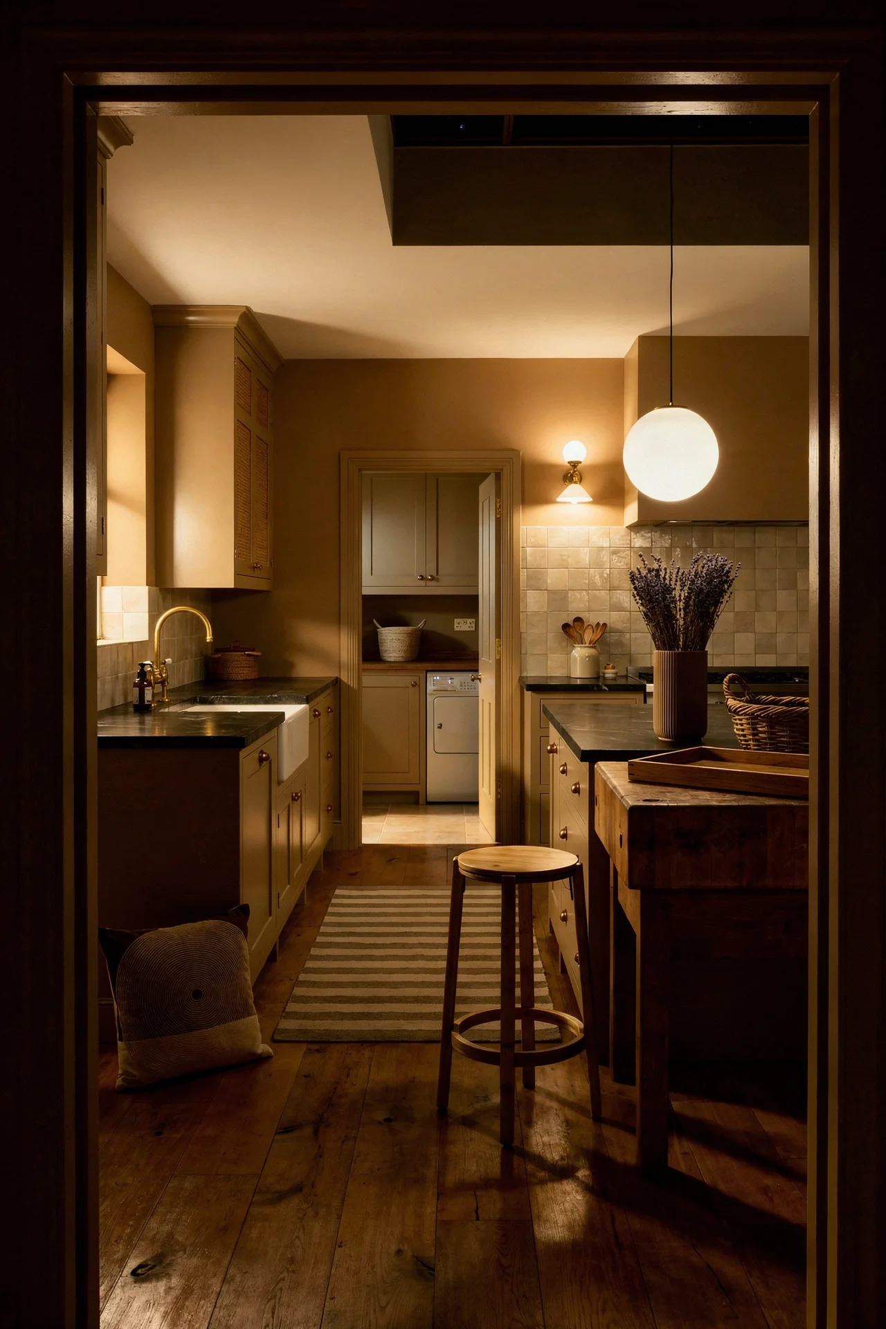 French country kitchen evening lighting featuring soapstone countertops with bamboo bar stool
