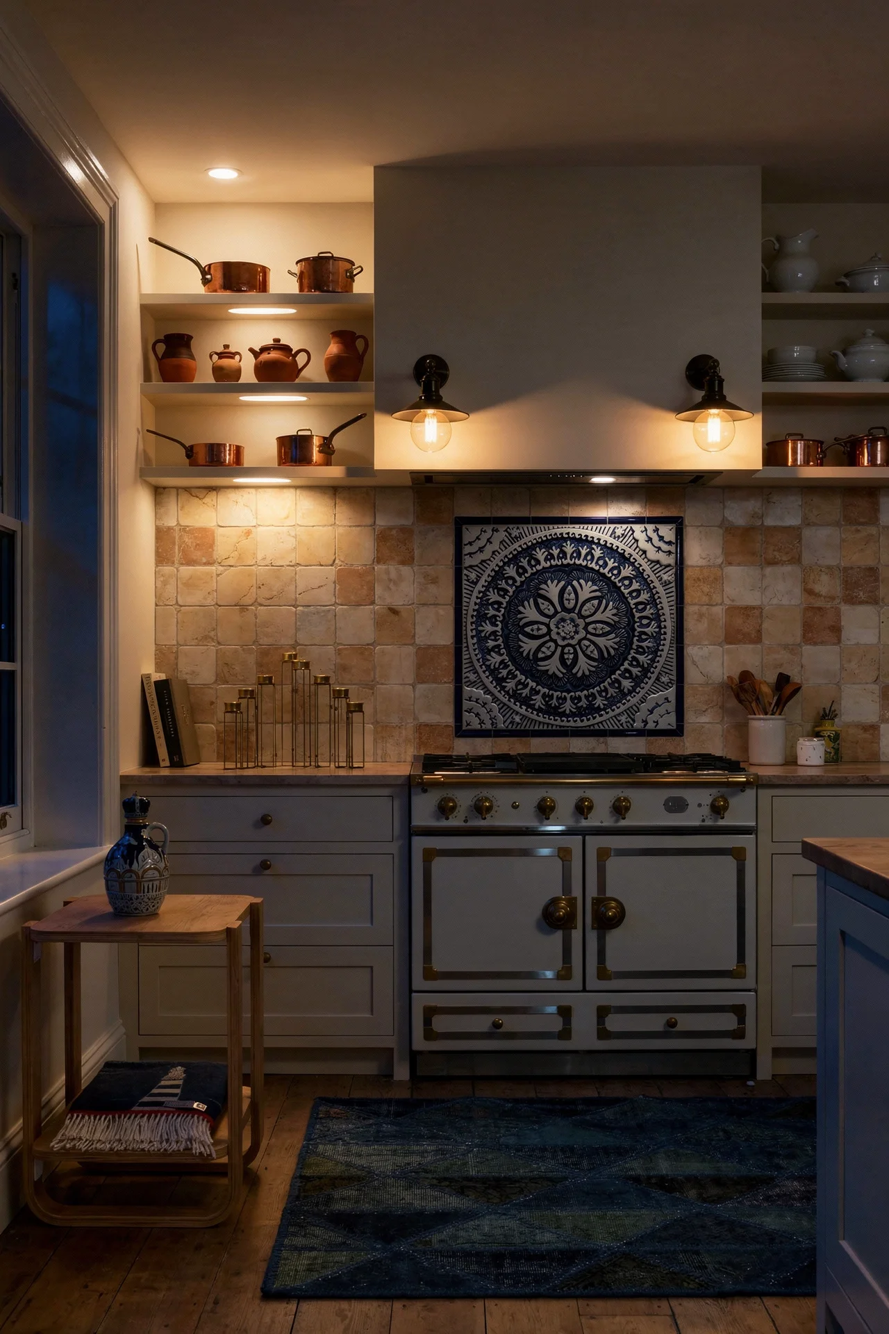 French Country Kitchens evening lighting featuring Suzani tile backsplash with brass cone sconces