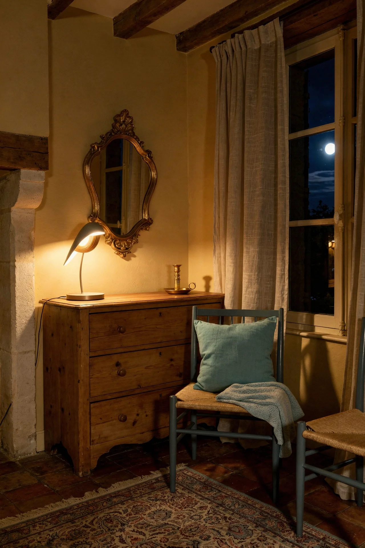 French country paint colors evening lighting featuring blue grey J80 dining chair with aqua porcelain bird lamp and gold mirror