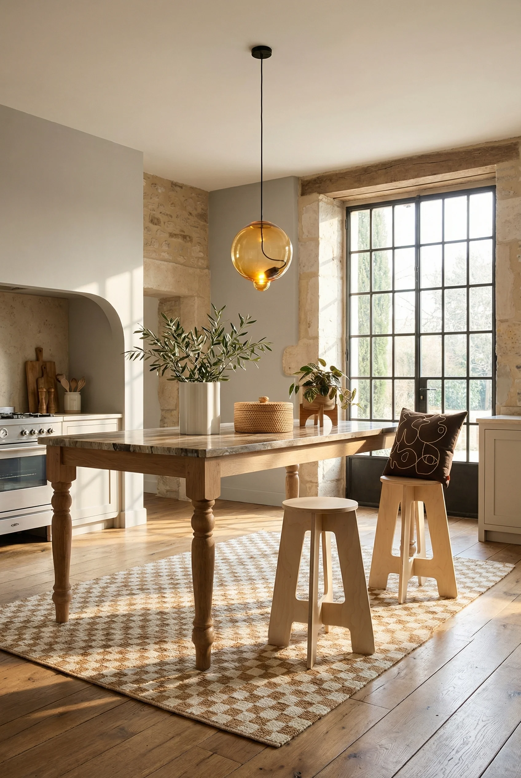 French country kitchen featuring freestanding island with turned legs and amber glass Meltdown pendant