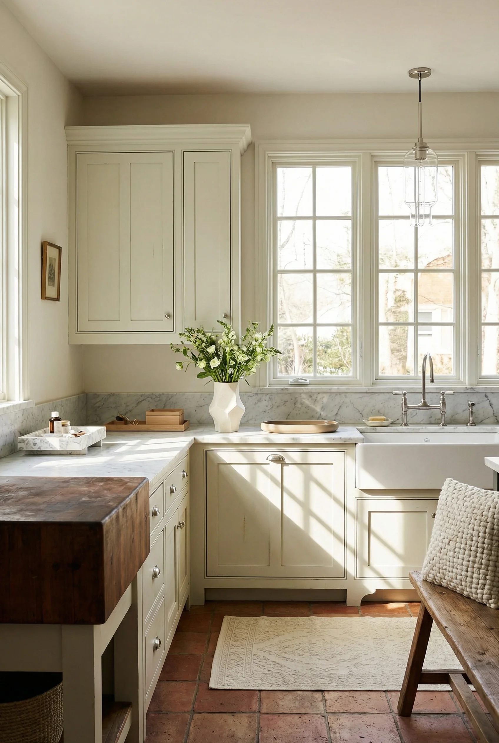 French Country Kitchens featuring honed marble countertop with crystal glass pendant and butcher block contrast