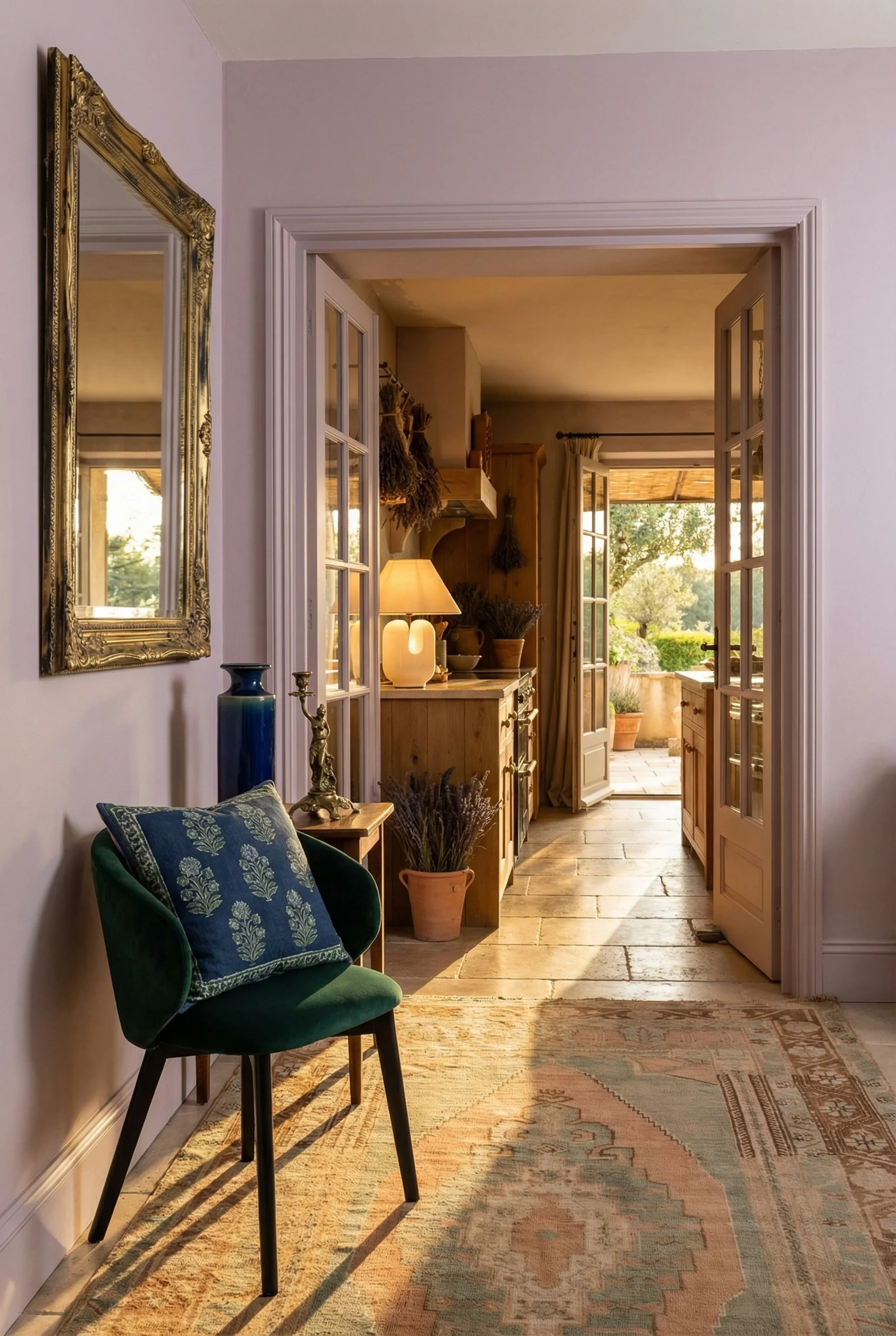 French country kitchen lavender paint featuring green wood armchair with gilt framed mirror and ivory ceramic lamp
