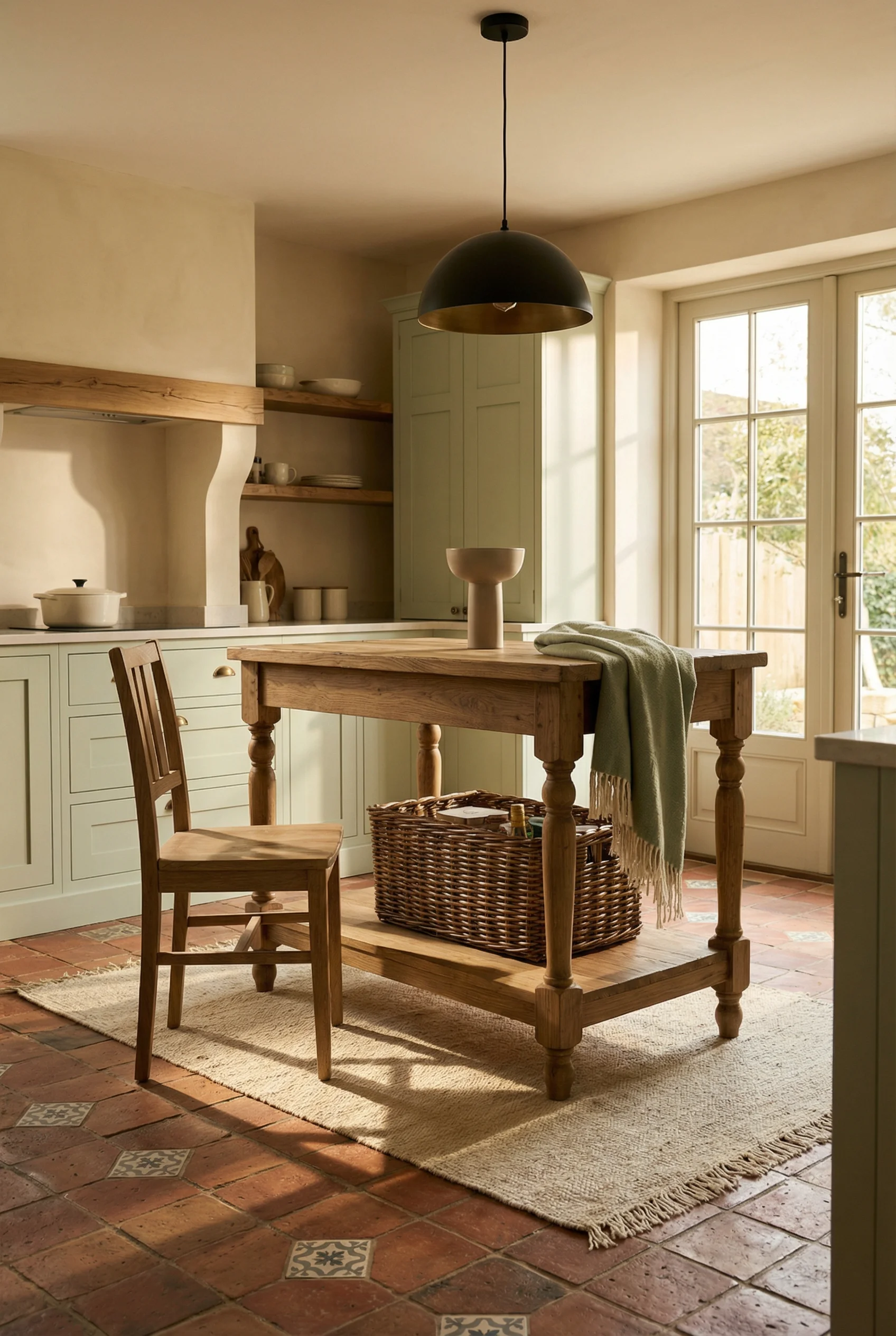 French country kitchen featuring reclaimed oak island table with brass dome pendant and sage green shaker cabinets