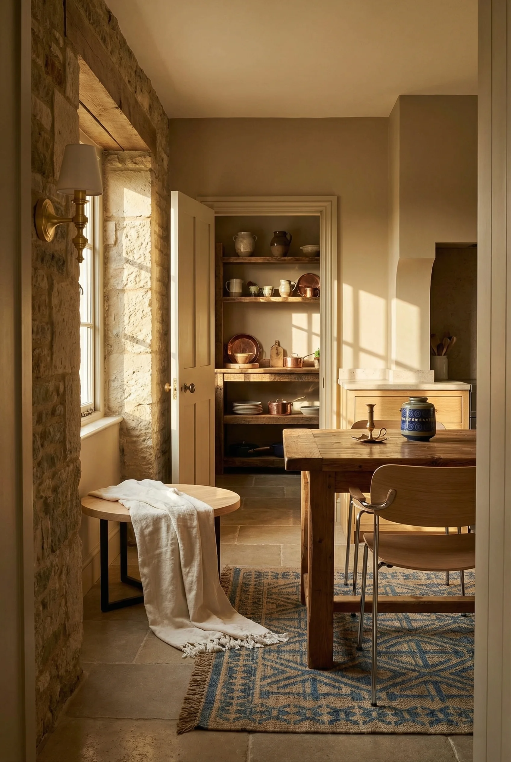 French country kitchen featuring pale oak table with brass Arthur wall sconce and blue jute kilim rug