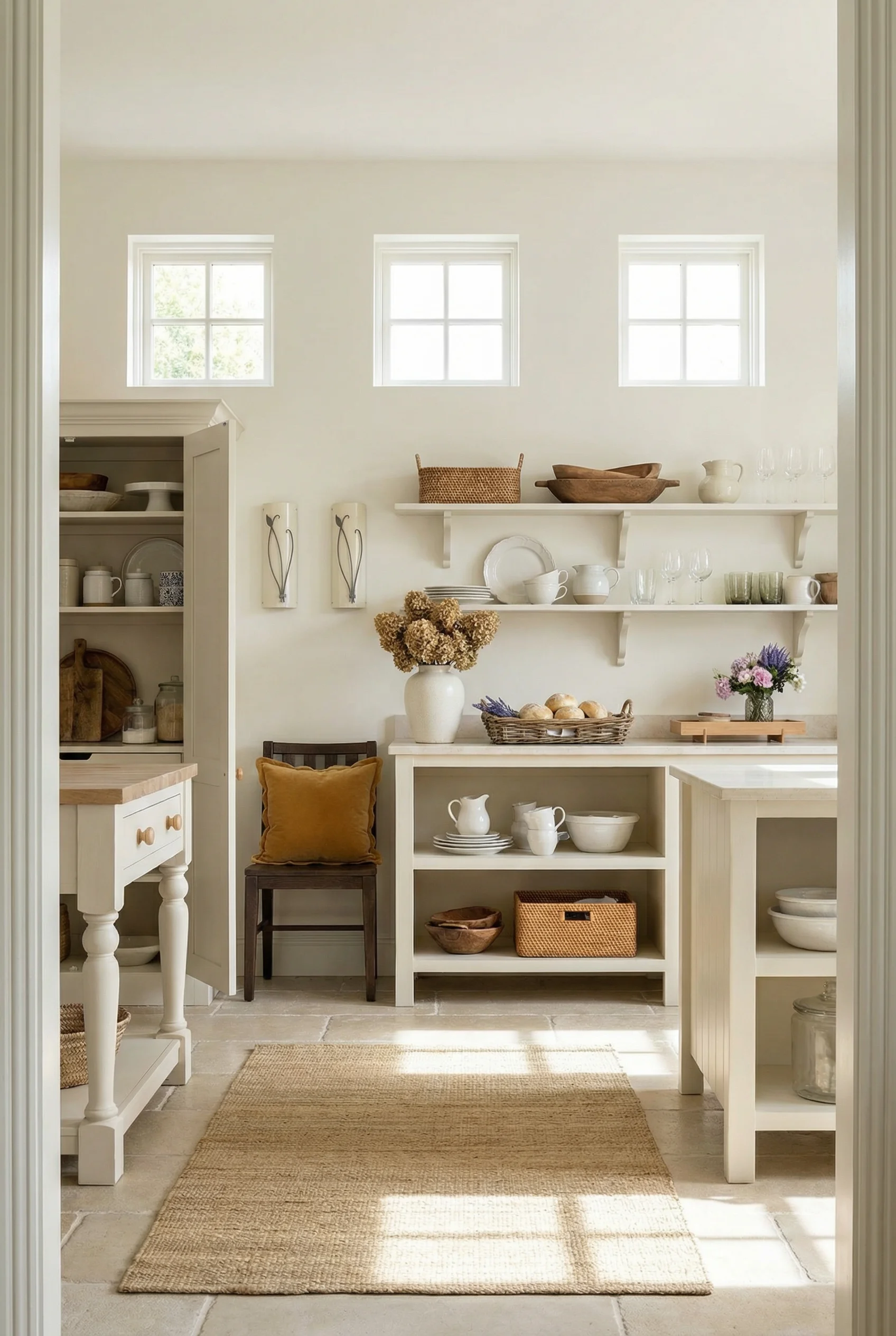 French Country Kitchens featuring driftwood splatback chair with goldenrod pillow and open pine shelving