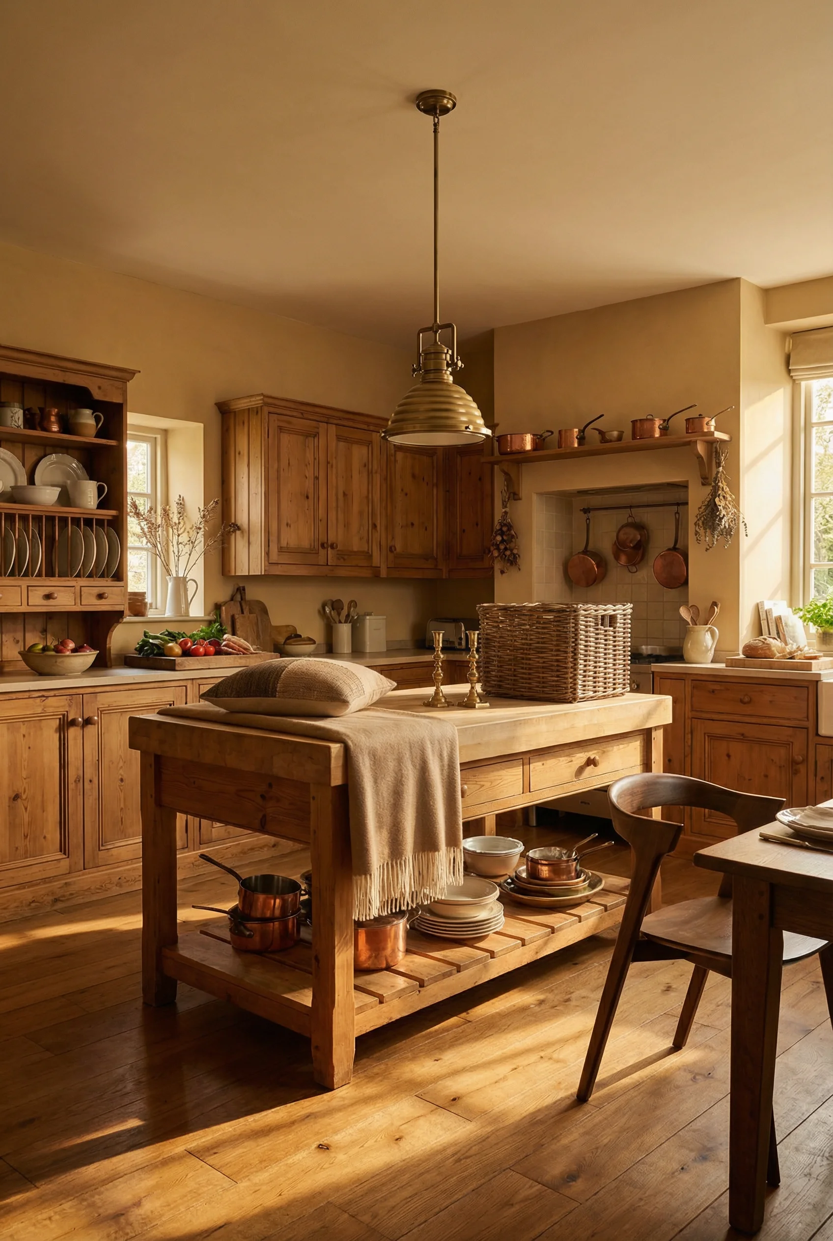 French country kitchen featuring aged pine butcher block table with heritage brass pendant light