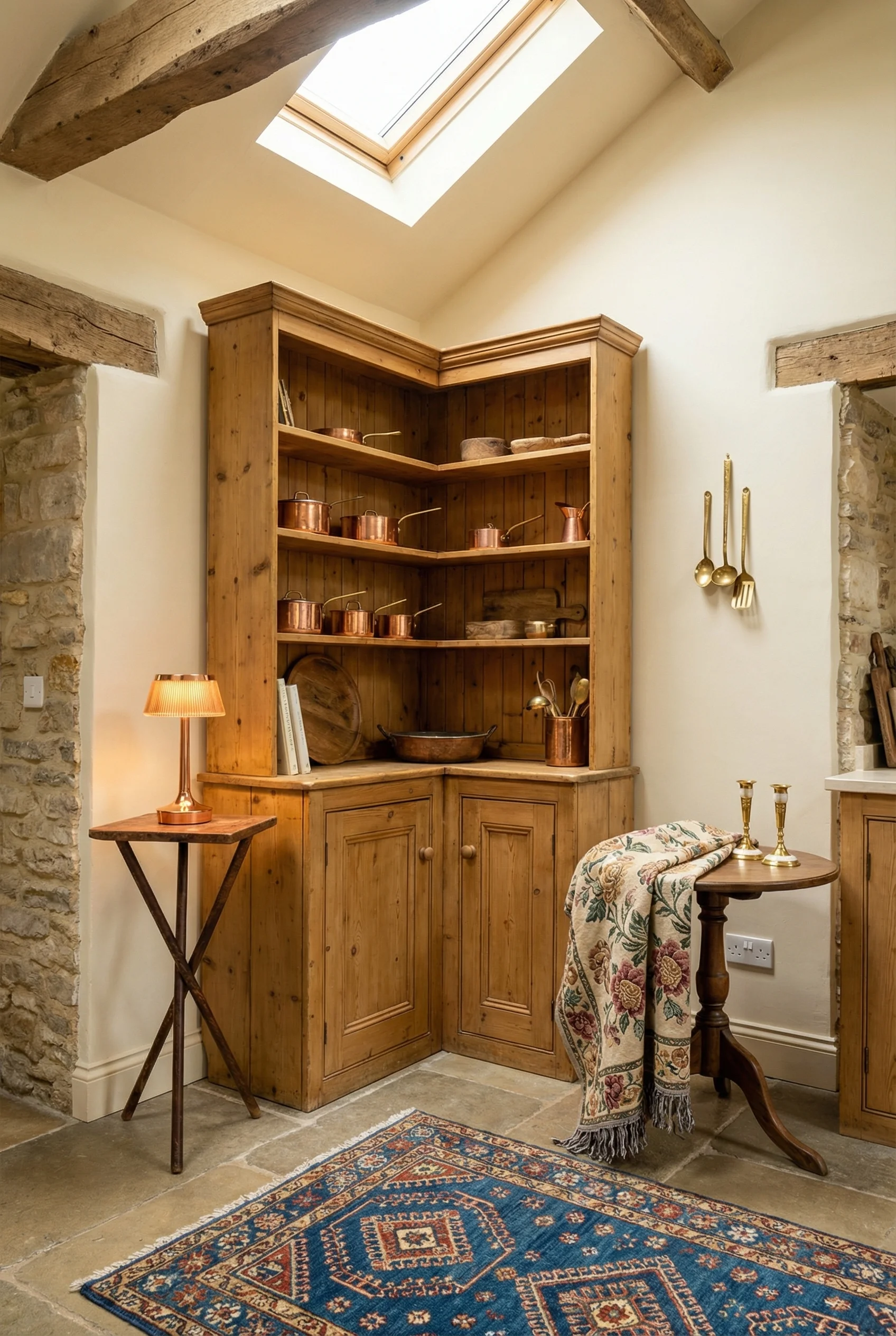 French country kitchen featuring antique pine tripod table with copper rattan lamp and blue Turkish rug