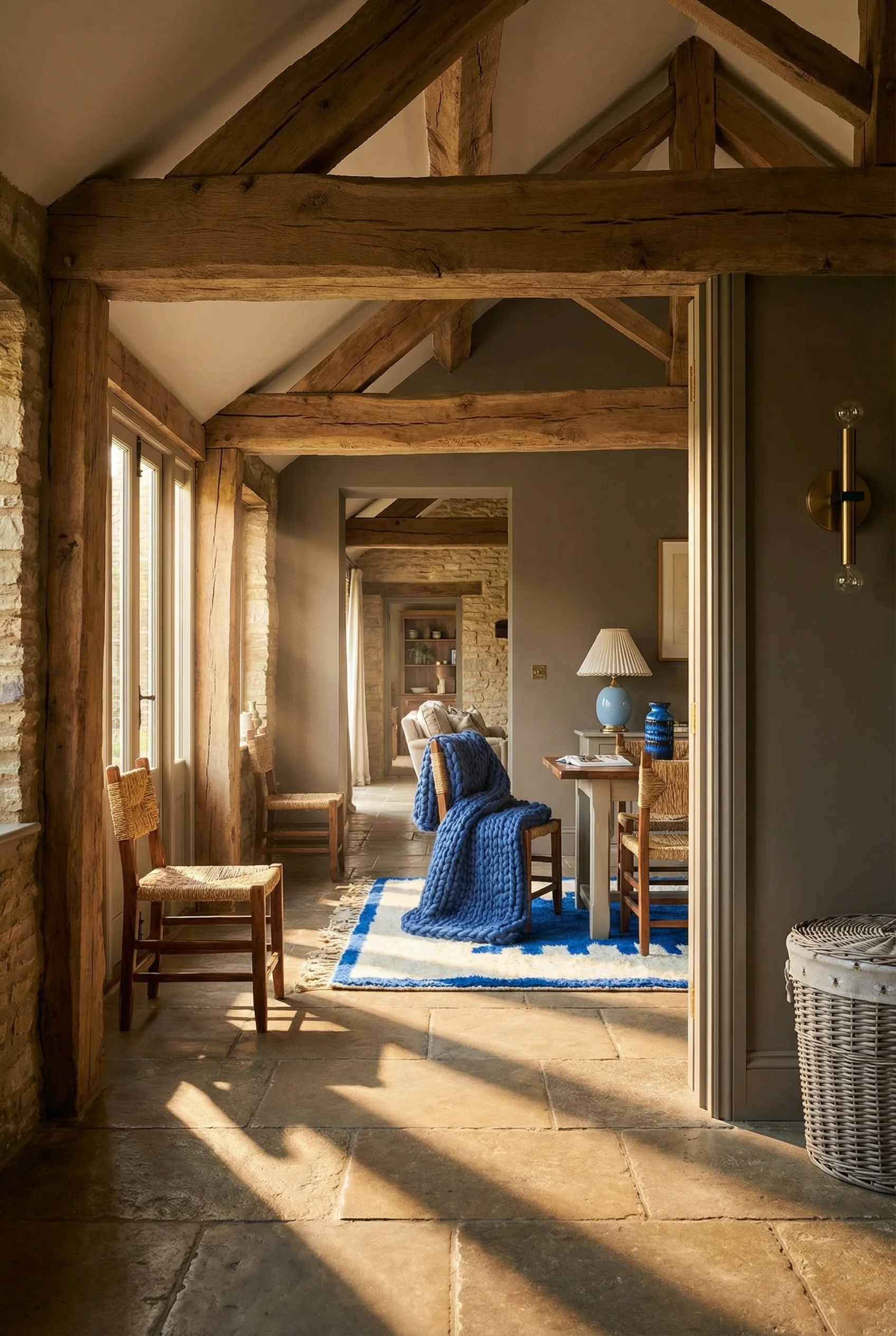 French Country Kitchens featuring Moroccan woven chair with blue Berber rug under reclaimed oak beams