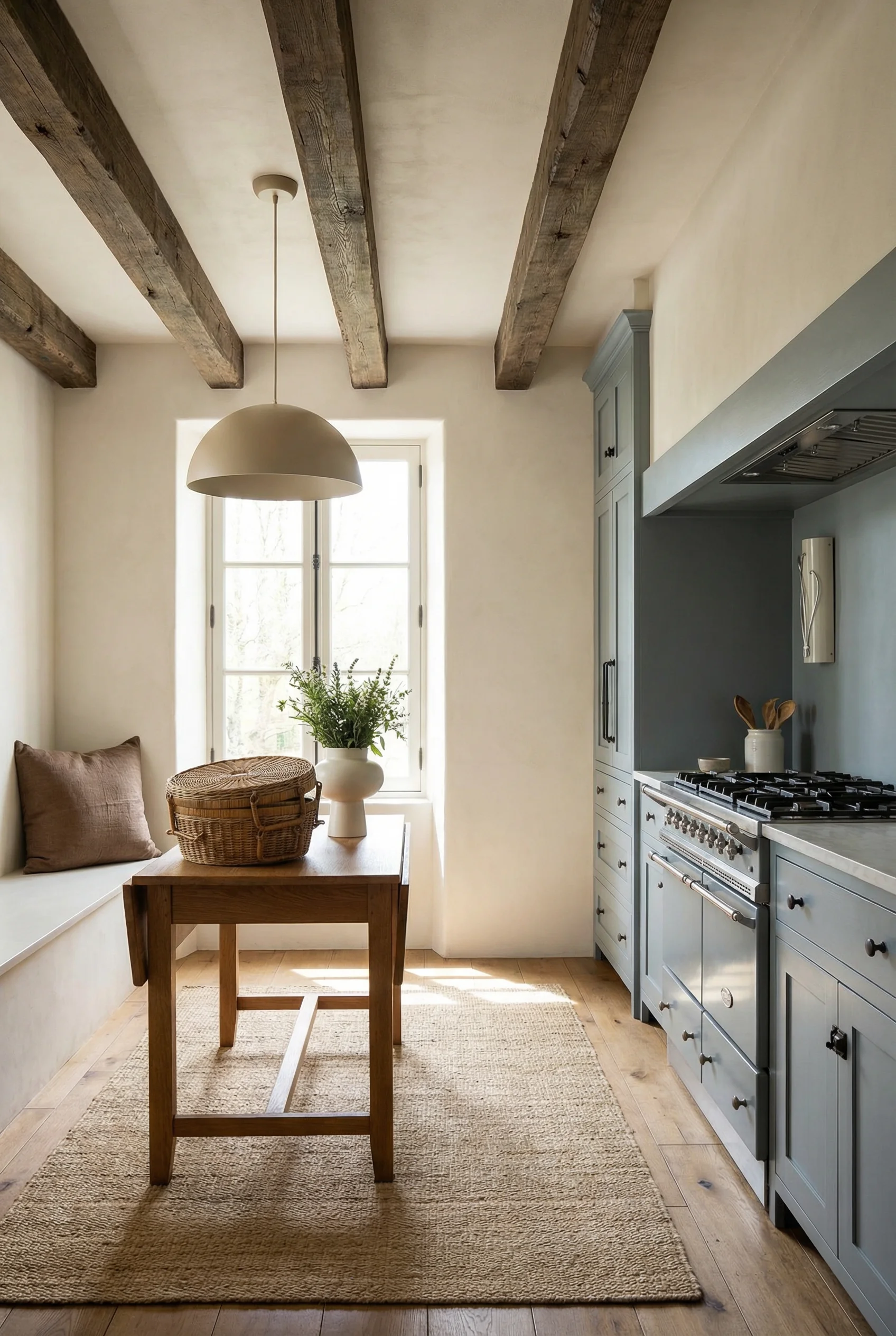 French country kitchen featuring reclaimed oak ceiling beams with cashmere dome pendant and warm oak accent table