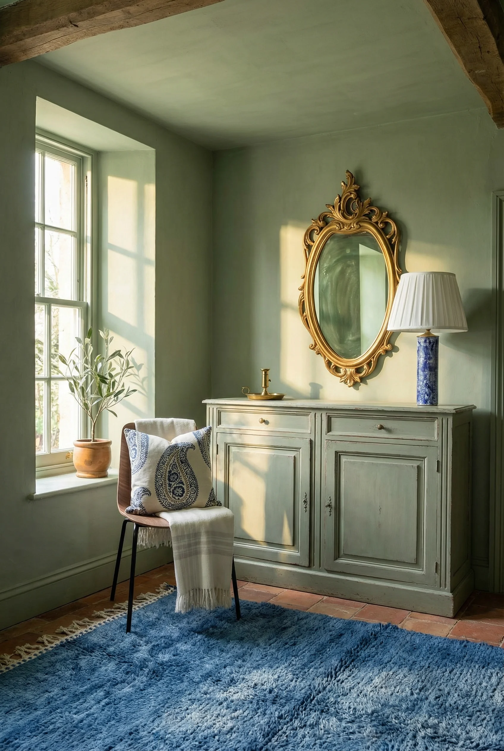 French country kitchen featuring walnut dining chair with sage green walls and gilded mirror