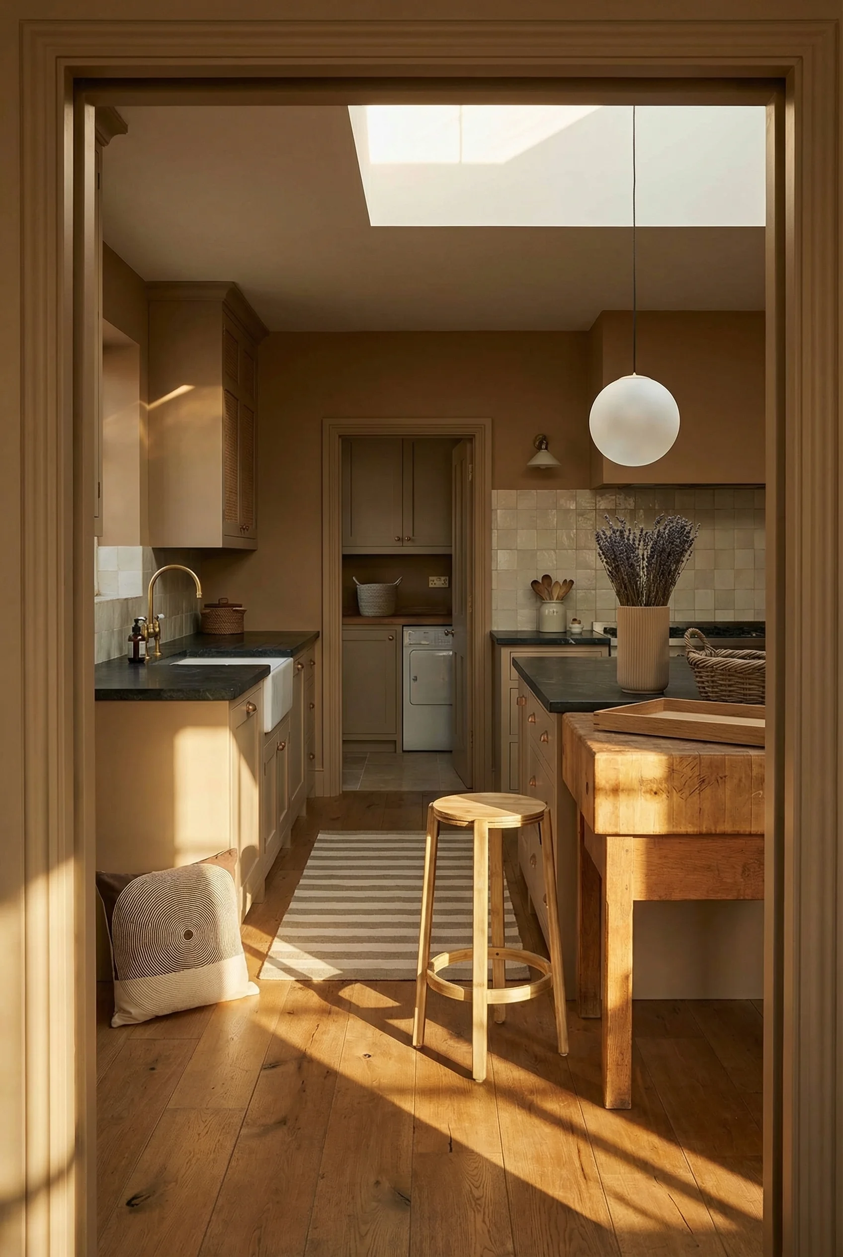 French country kitchen featuring soapstone and butcher block countertops with bamboo bar stool in warm galley