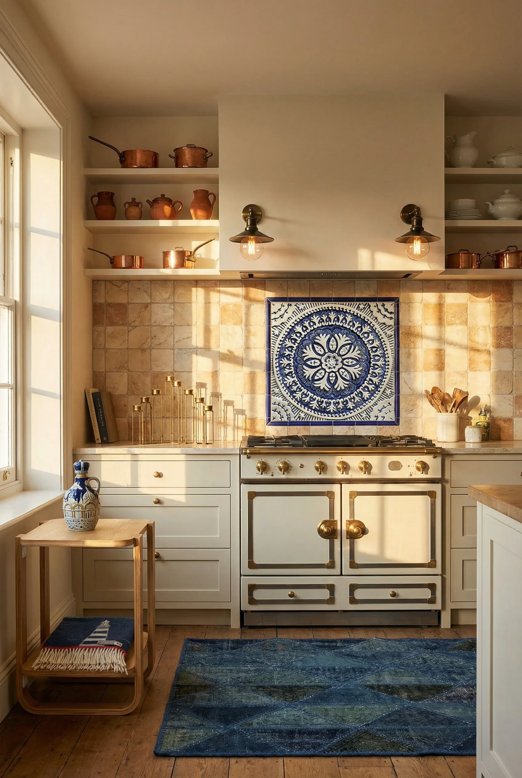French Country Kitchens featuring Suzani tile backsplash with brass cone sconces and blue Oushak rug