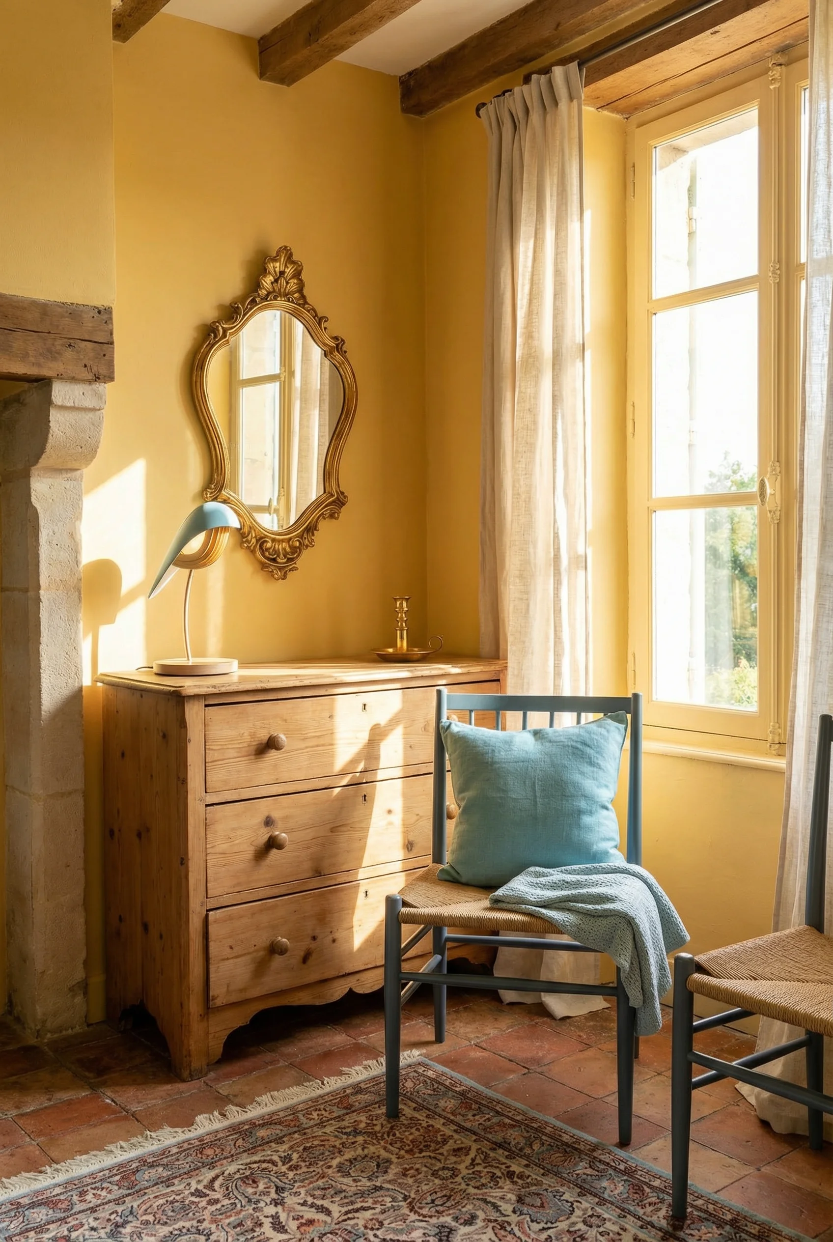 French country paint colors featuring blue grey J80 dining chair with aqua porcelain bird lamp and gold mirror