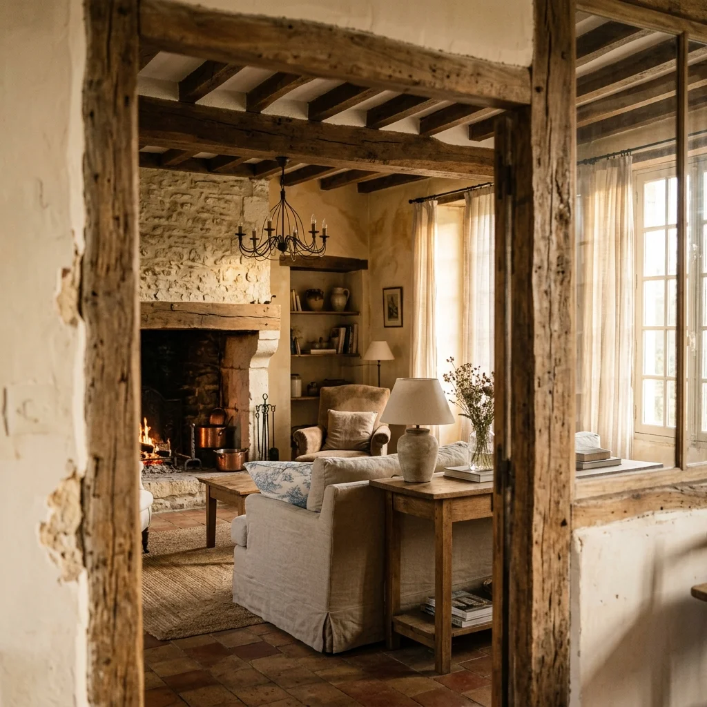 French Country Living Room design featuring warm limestone walls with linen curtains and wrought iron chandelier through cottage doorway