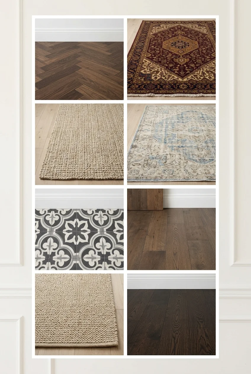 Modern bedroom flooring_collage featuring curated home decor products