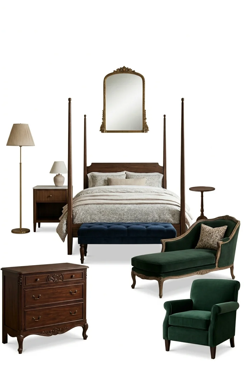 Modern bedroom furniture_collage featuring curated home decor products