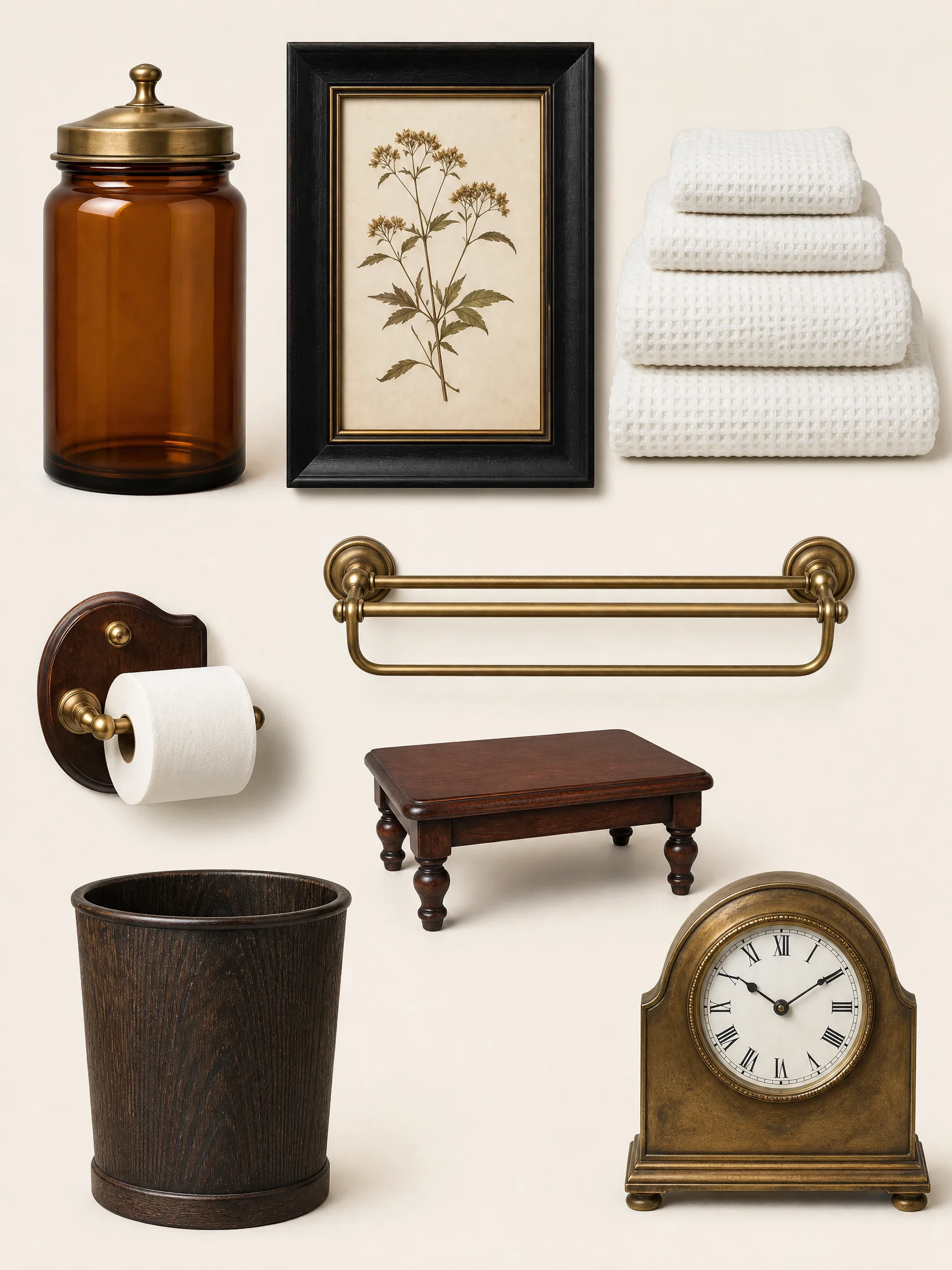 Modern Victorian bathroom accessories collage with amber apothecary jars, framed botanical print, brass towel rail, and antique mahogany footstool