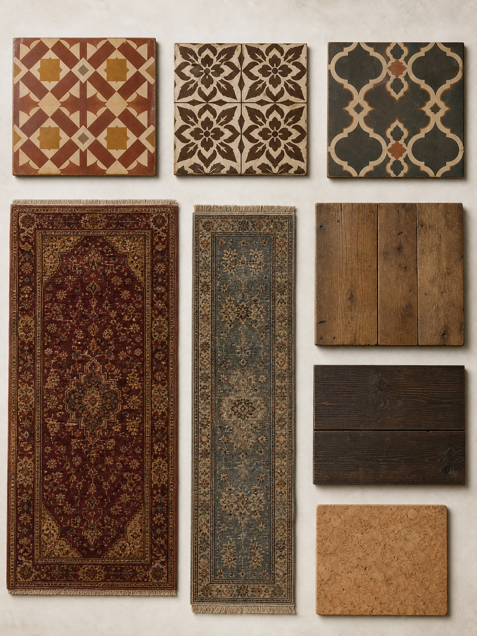 Modern Victorian bathroom flooring collage with encaustic geometric tiles in terracotta and chocolate, antique Persian rug, and sealed oak boards