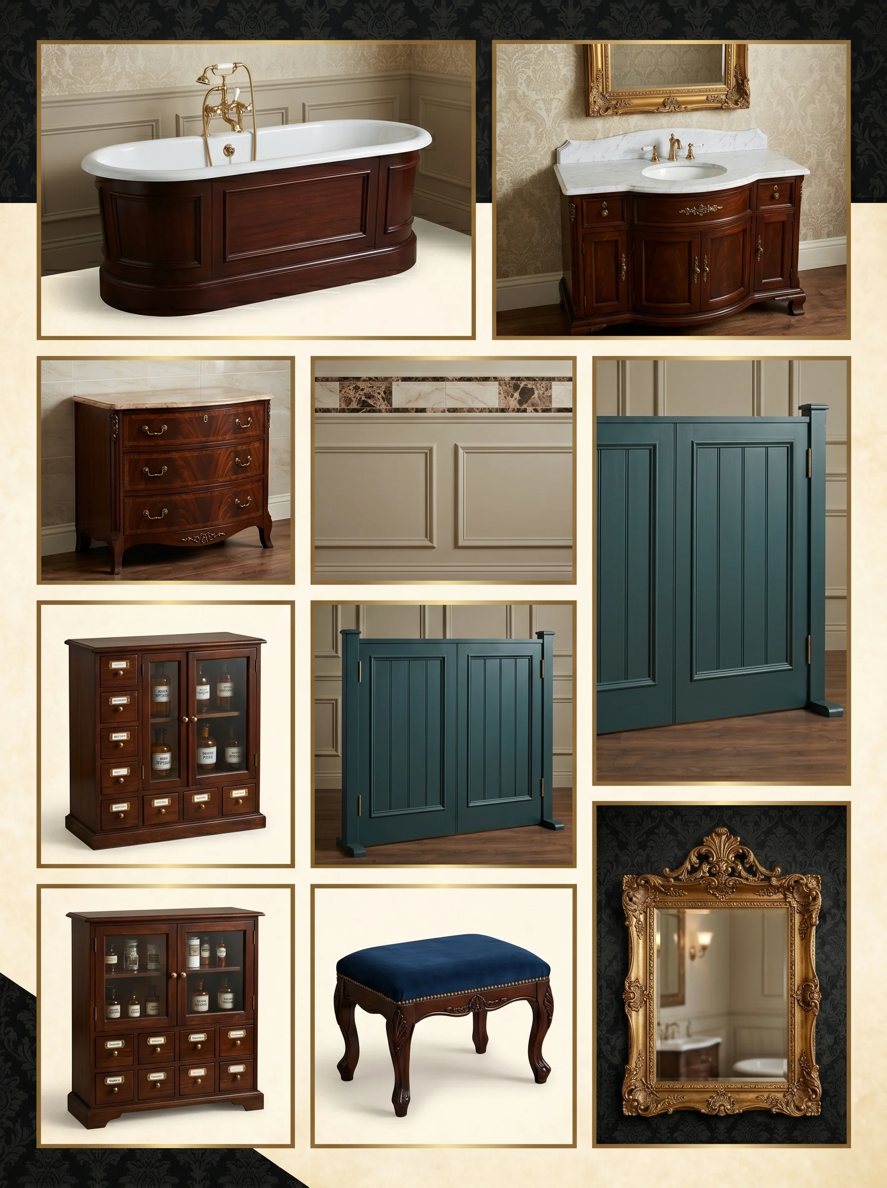 Modern Victorian bathroom furniture collage with panelled cast-iron bath, antique mahogany washstand vanity, brass towel ladder, and gilt-framed mirror