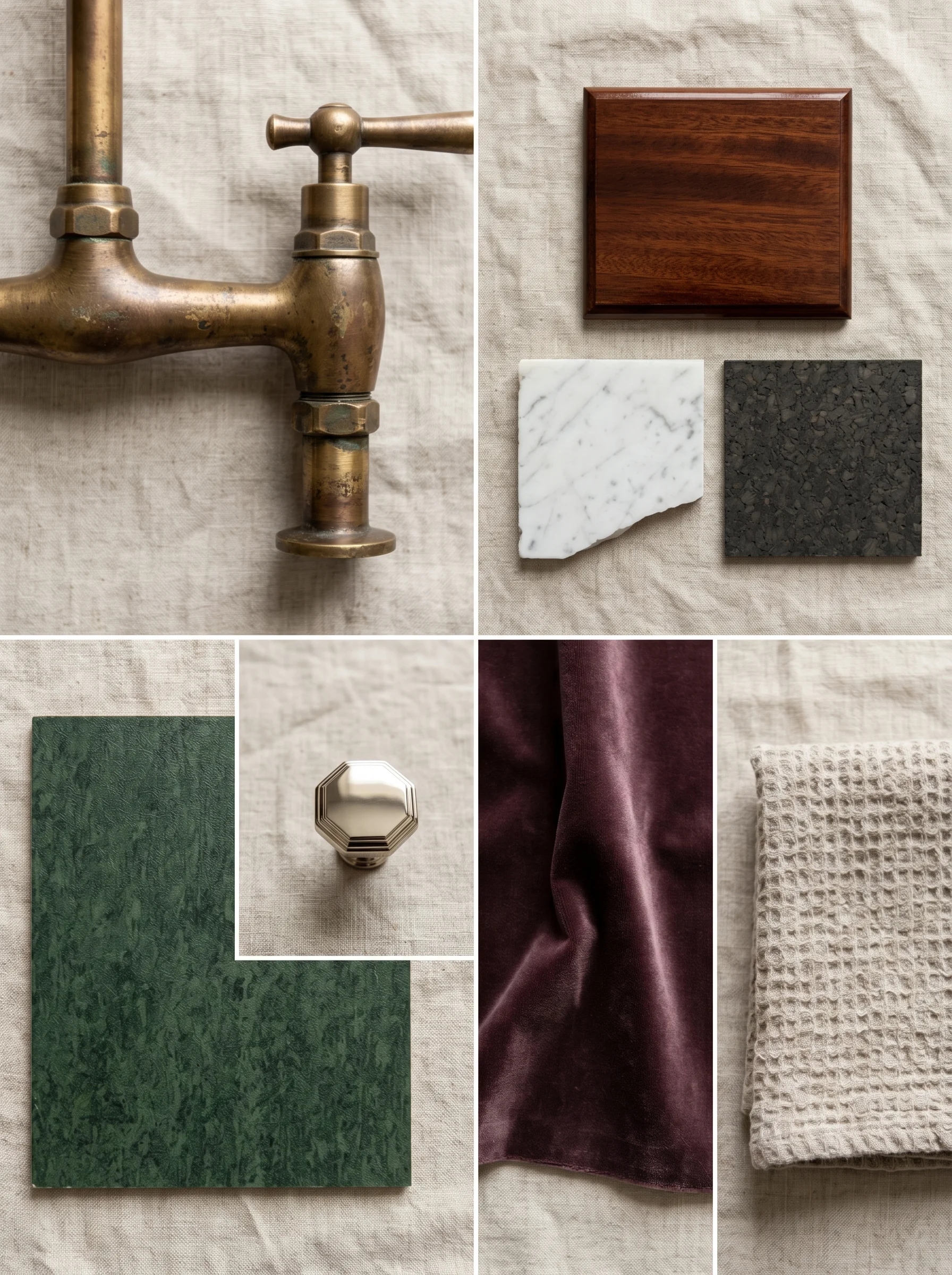 Modern Victorian bathroom materials collage with aged brass fittings, polished mahogany, Carrara marble, dark cork tile, and natural linen