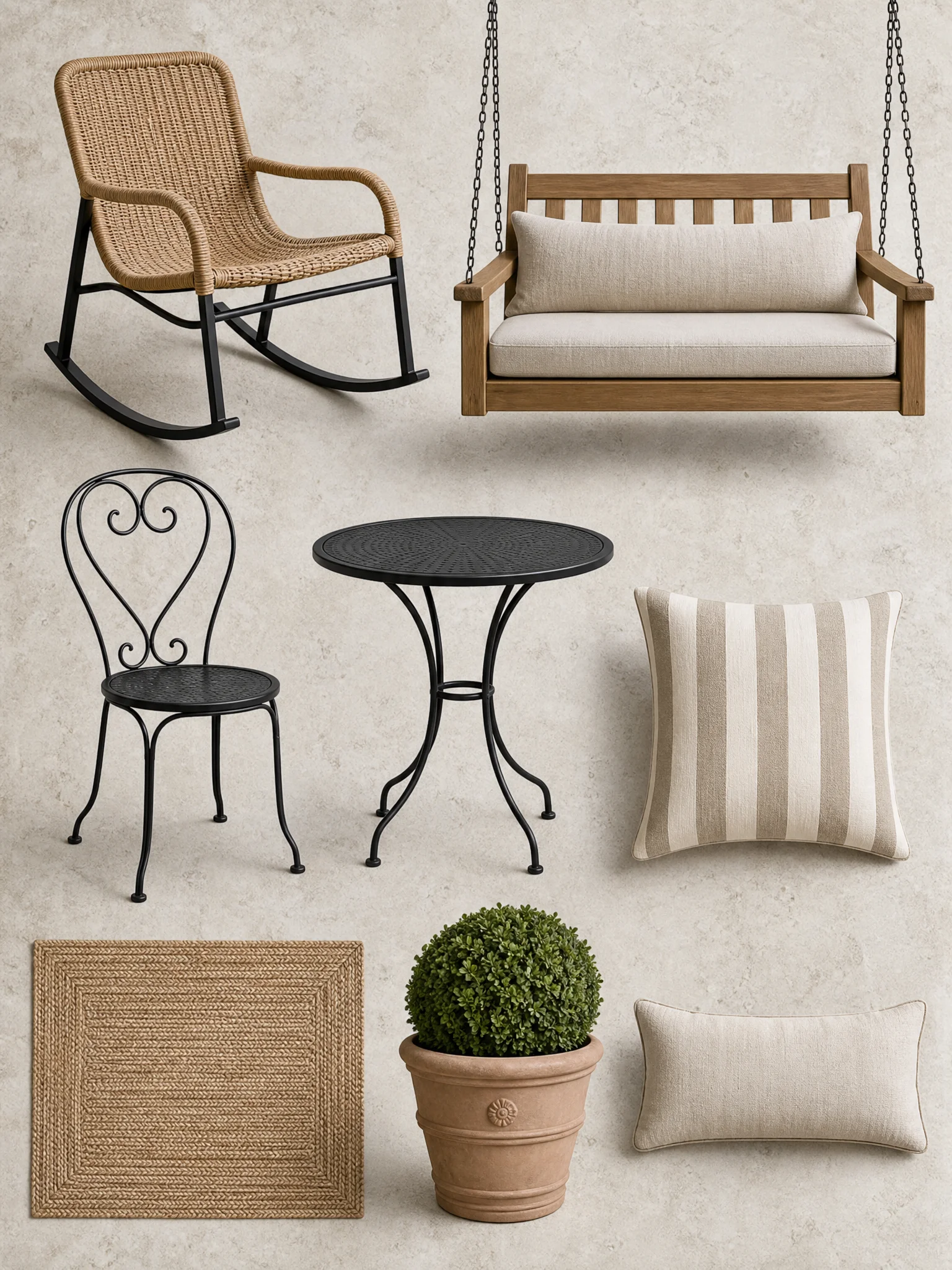Modern exterior furniture_collage featuring curated home decor products