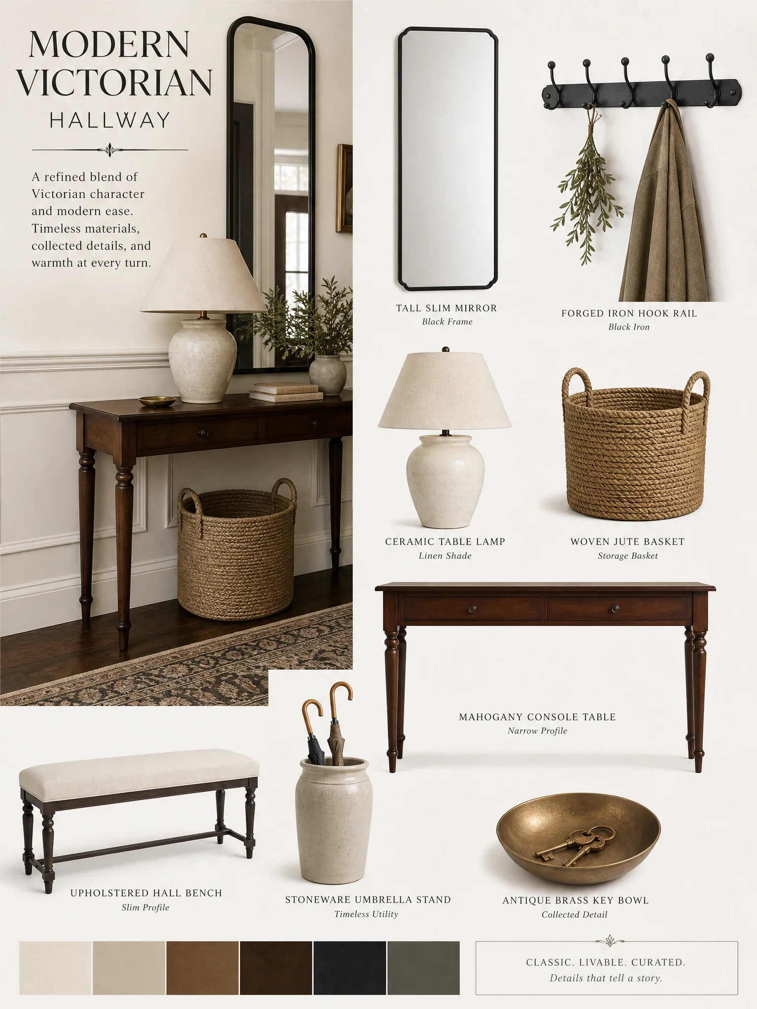 Modern hallway furniture_collage featuring curated home decor products