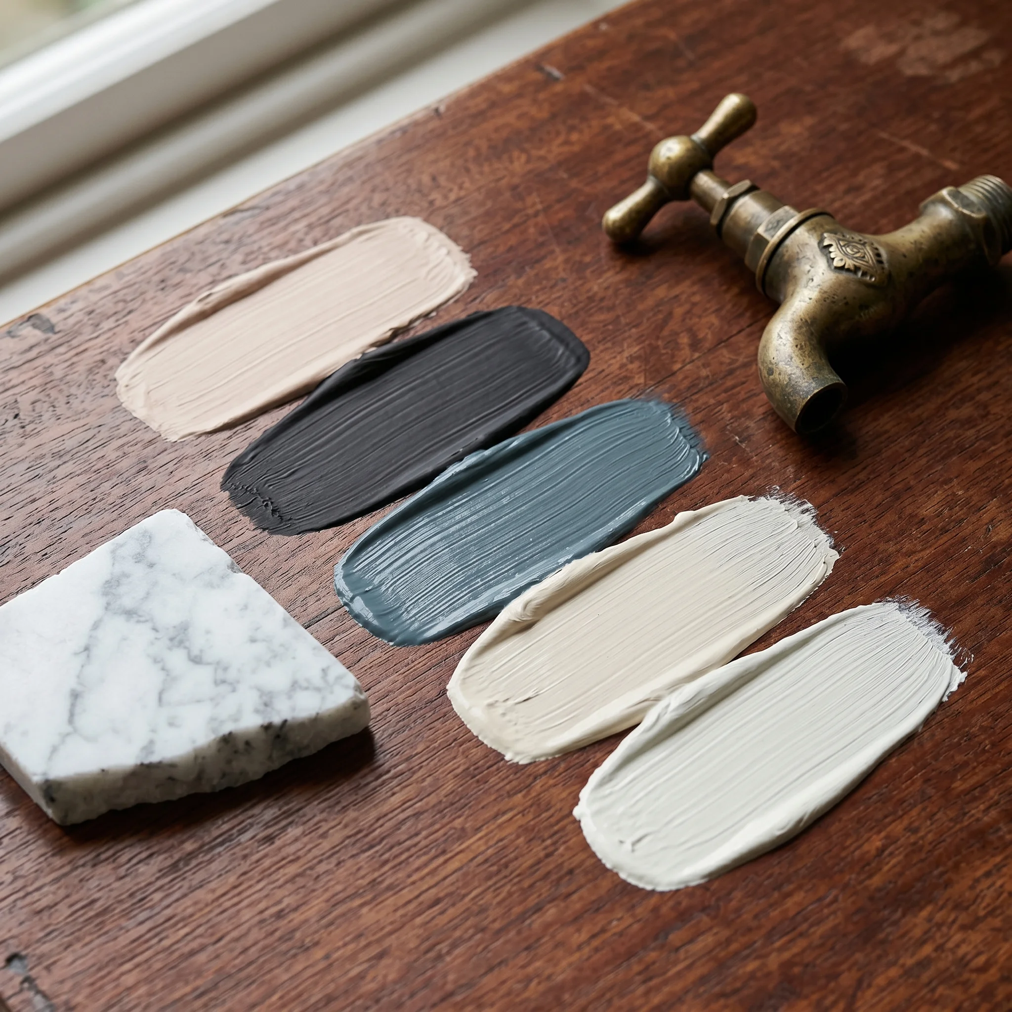Farrow & Ball Modern Victorian bathroom palette: Setting Plaster, Pitch Black, Inchyra Blue, Slipper Satin, School House White