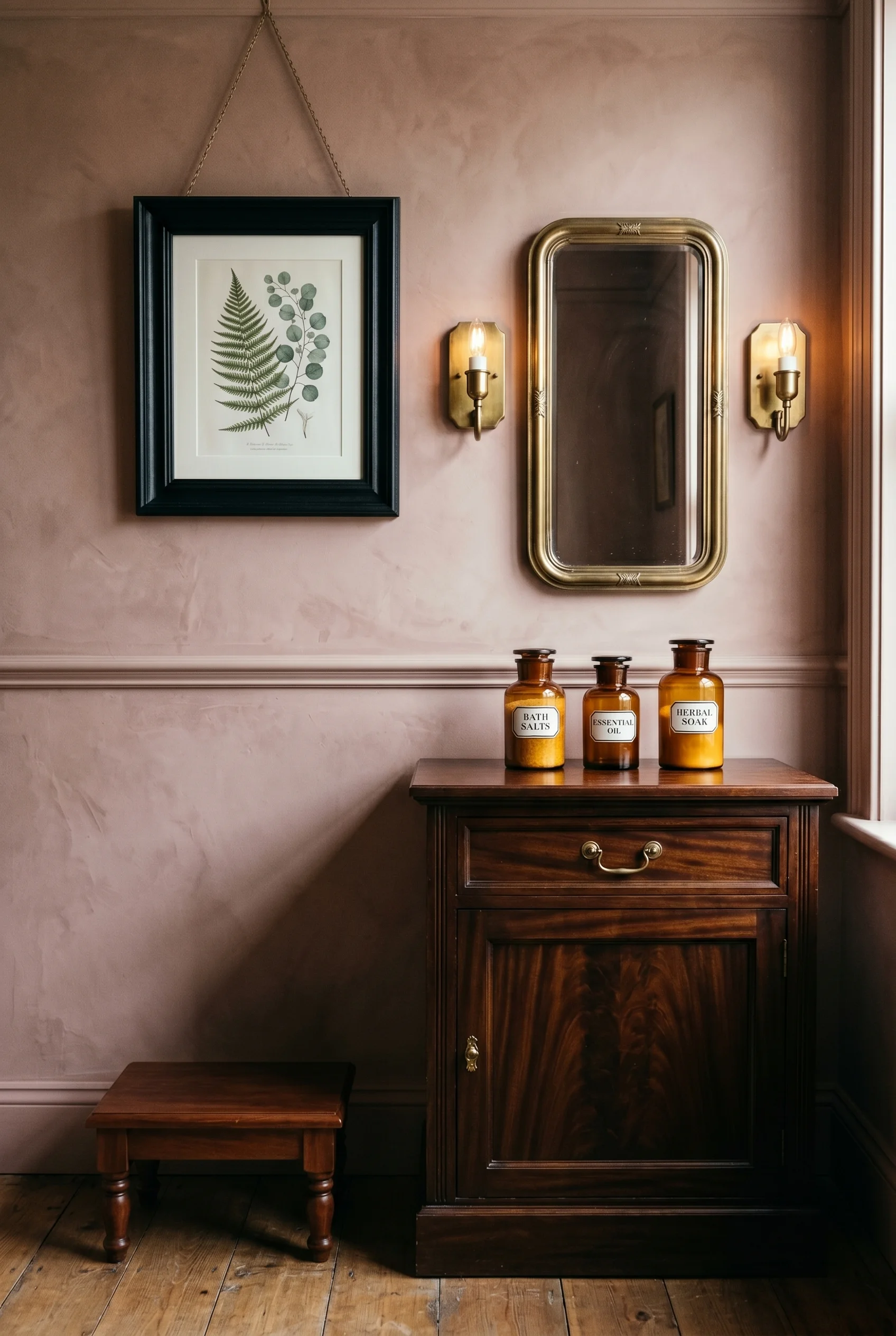 Victorian Bathroom design scene against Cinder Rose on upper walls above dado — a muted Victorian rose that makes the amber glass jars glow warmly. wa