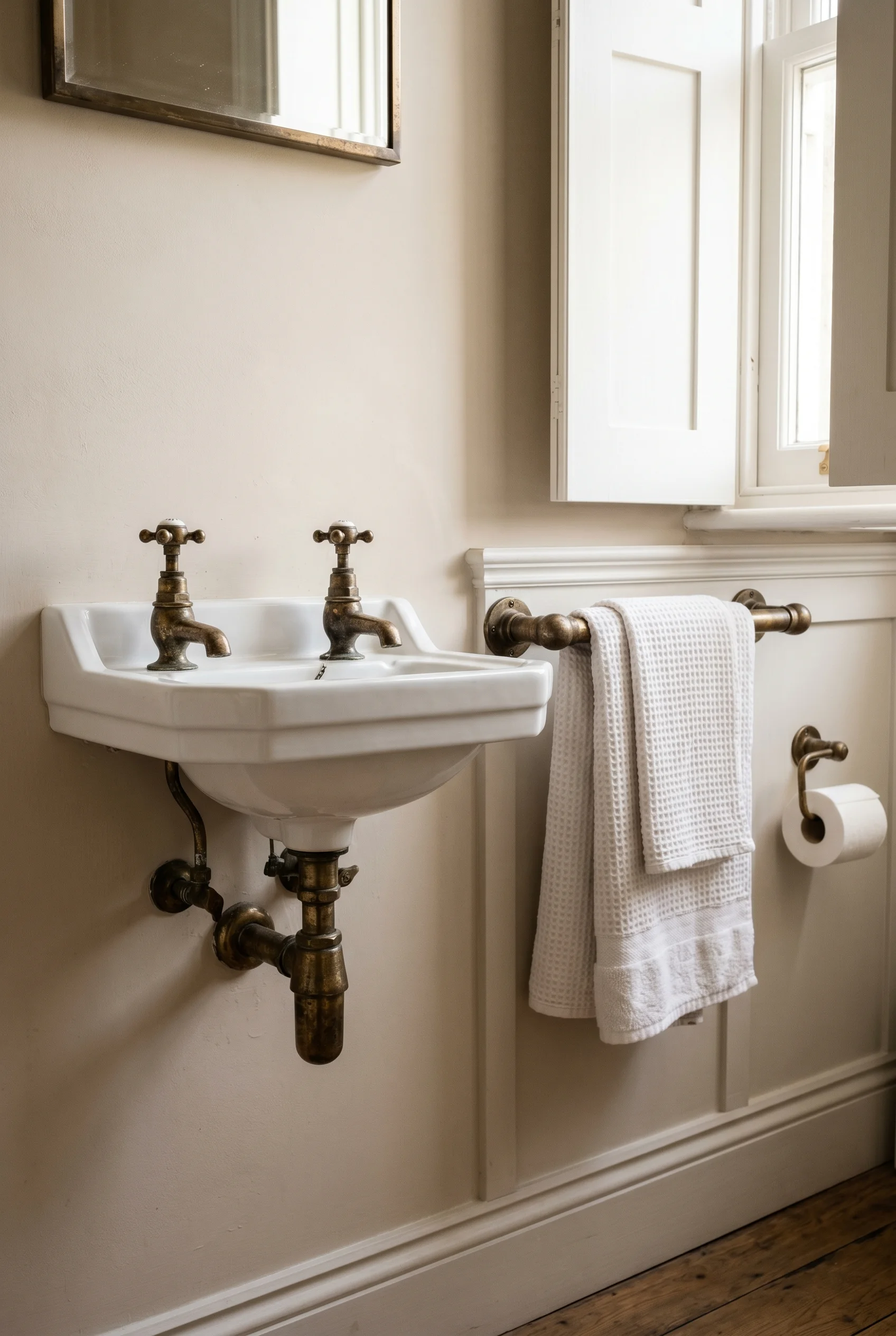 Victorian Bathroom design scene against Cord on upper walls, white panelling below. The warm stone neutral makes the warm patinated brass sing against