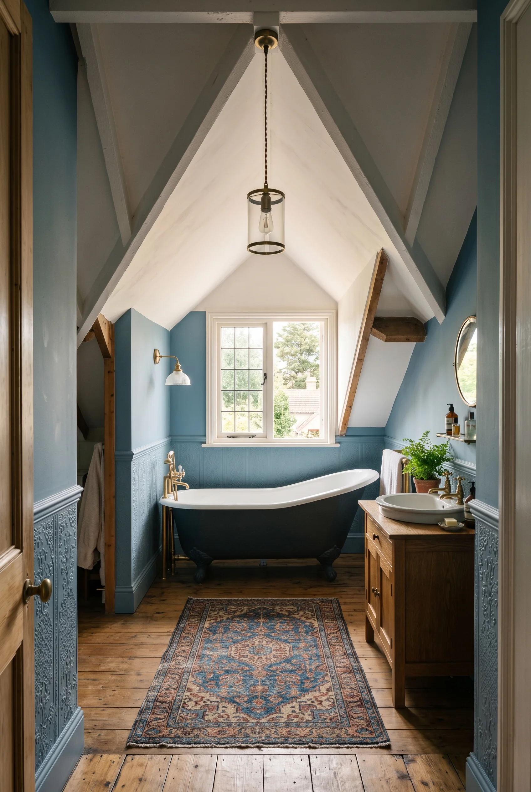 Victorian Bathroom design scene against De Nimes on the upright walls, white on the sloped ceiling sections. High-relief dado paper on the full-height