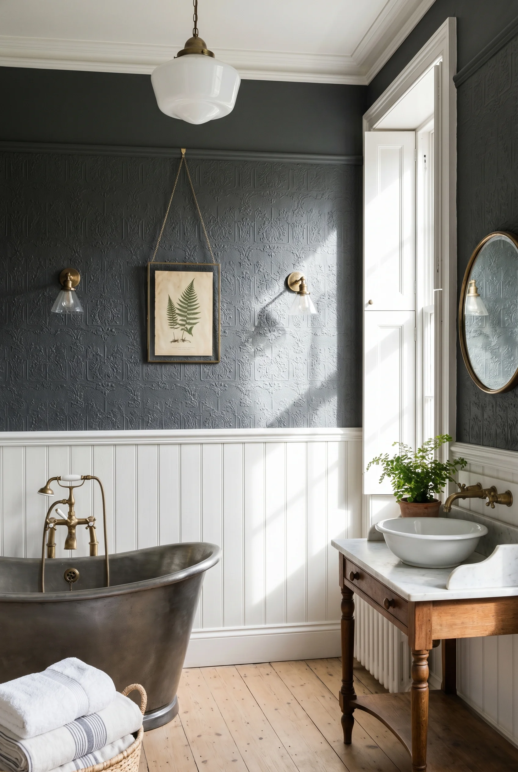 Victorian Bathroom design scene against Down Pipe painted over high-relief Lincrusta above dado rail. Crisp white painted tongue-and-groove below. Bra