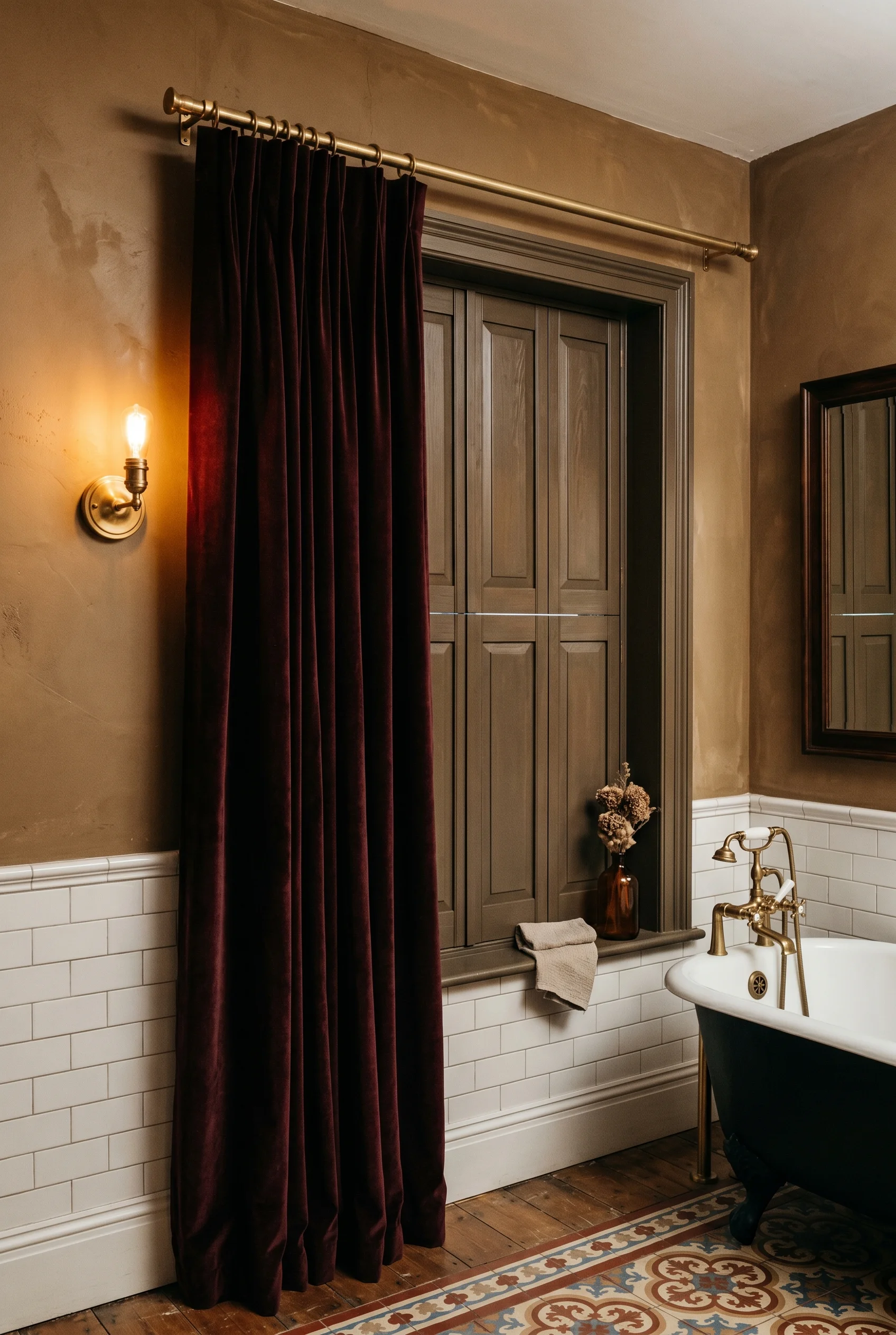 Victorian Bathroom design scene against Drab on upper walls — a warm brown-ochre that makes the dark velvet drape feel rich rather than heavy. walls