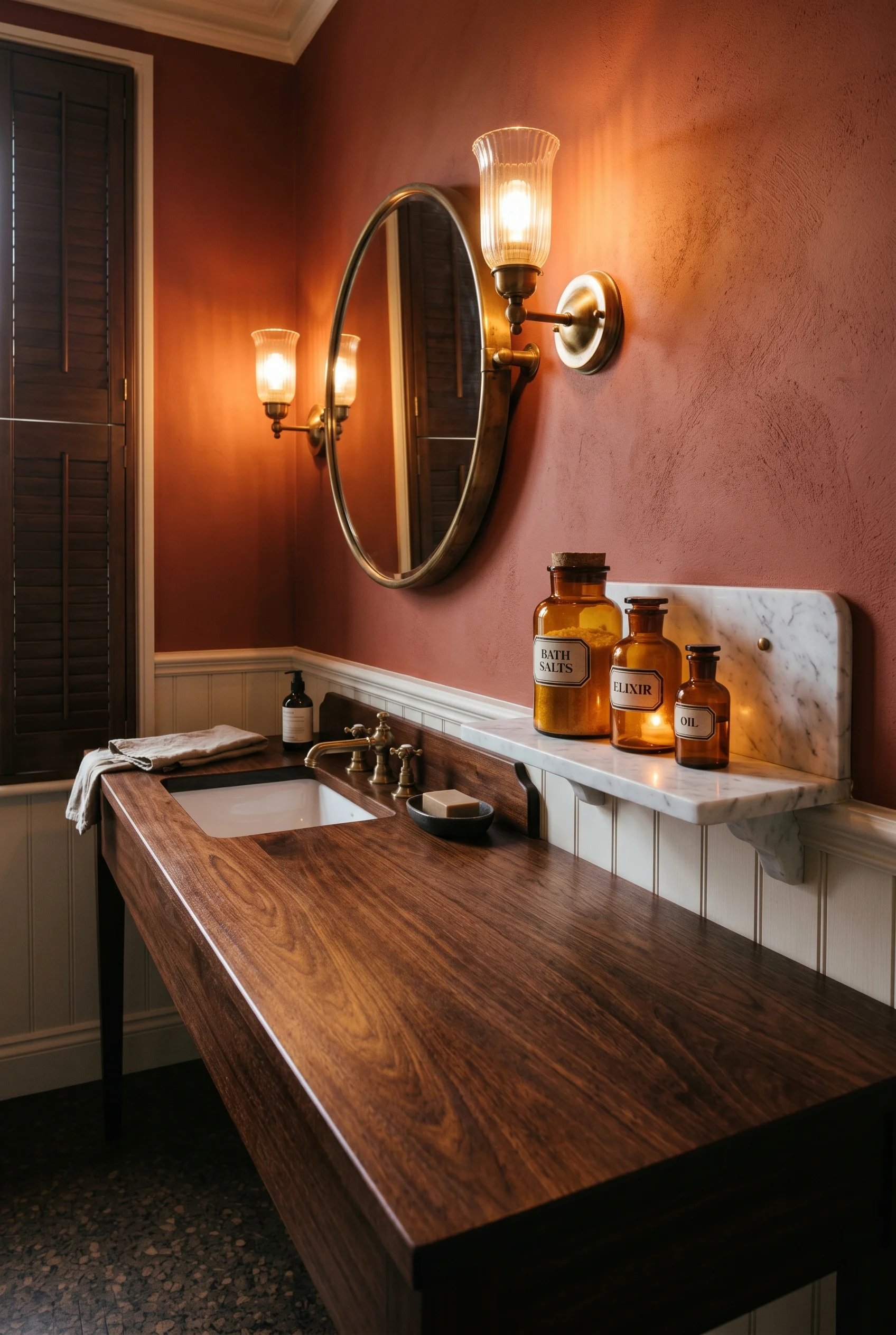 Victorian Bathroom design scene against Etruscan Red on upper walls above dado — the warm deep terracotta-red unifies with the mahogany tones. walls