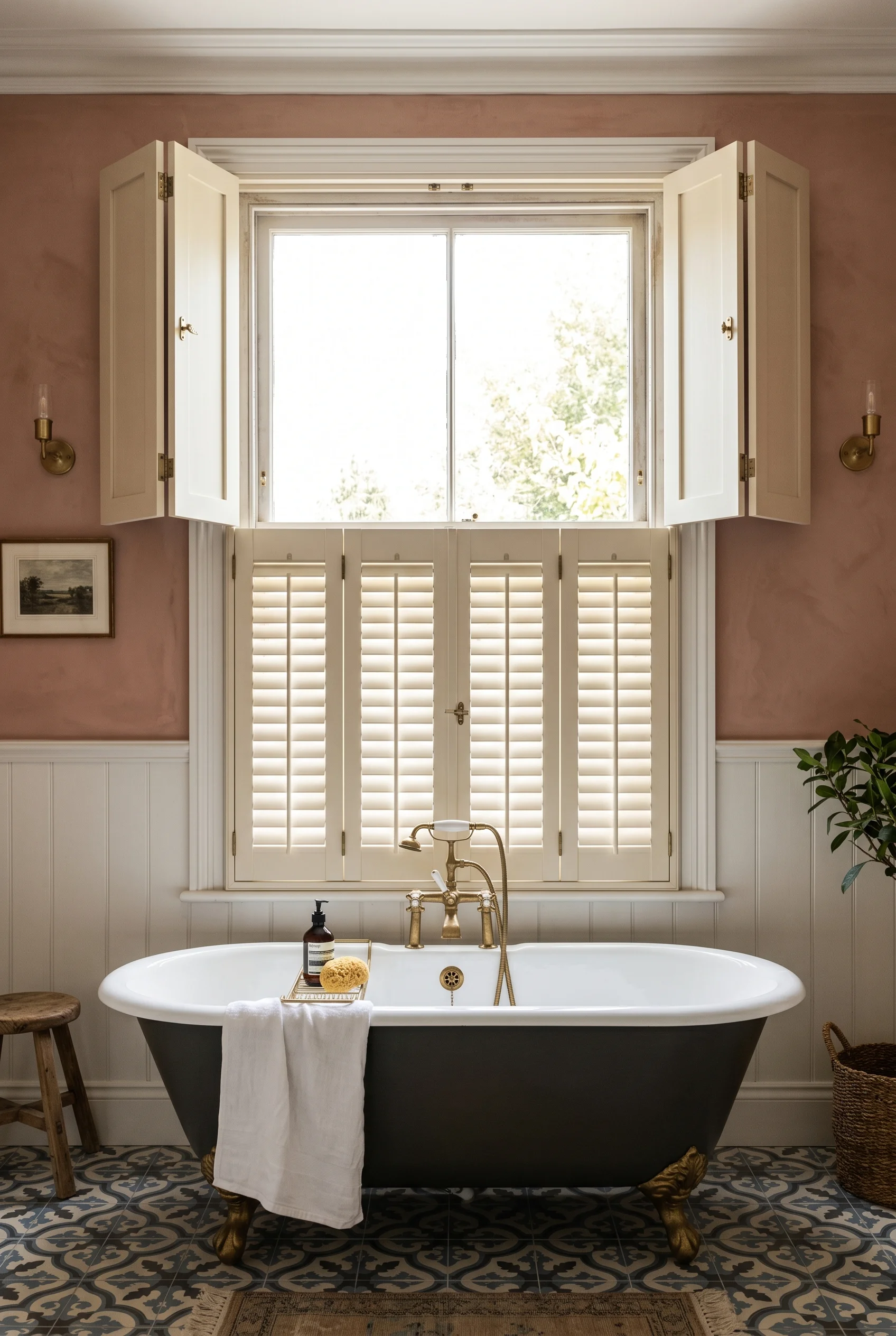Victorian Bathroom design scene against Faded Terracotta No.CC8 on upper walls — a warm, dusty terracotta-peach that echoes the earthy floor tiles and