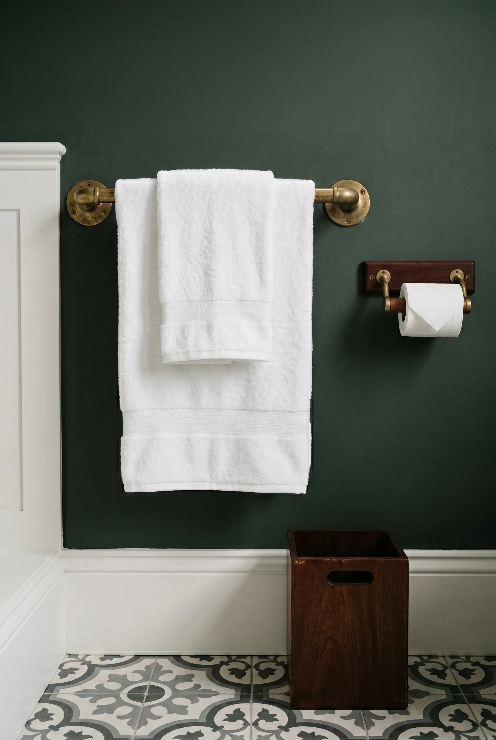 Victorian Bathroom design scene against Green Smoke on upper walls — the moody Victorian green makes the white towels and warm brass stand out starkly