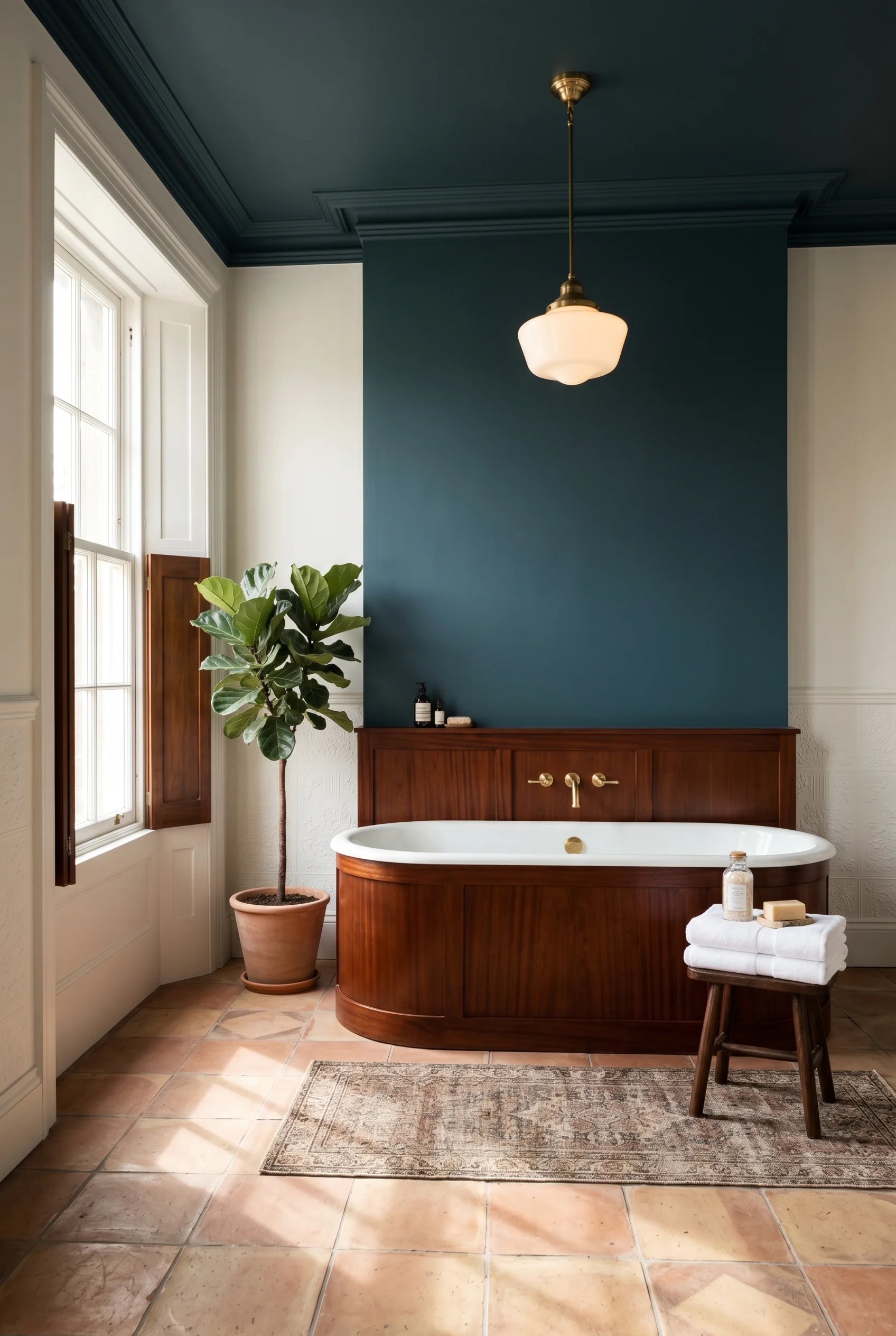 Victorian Bathroom design scene against Hague Blue on the bath wall as full-height drench including cornice. White high-relief Lincrusta dado paper be