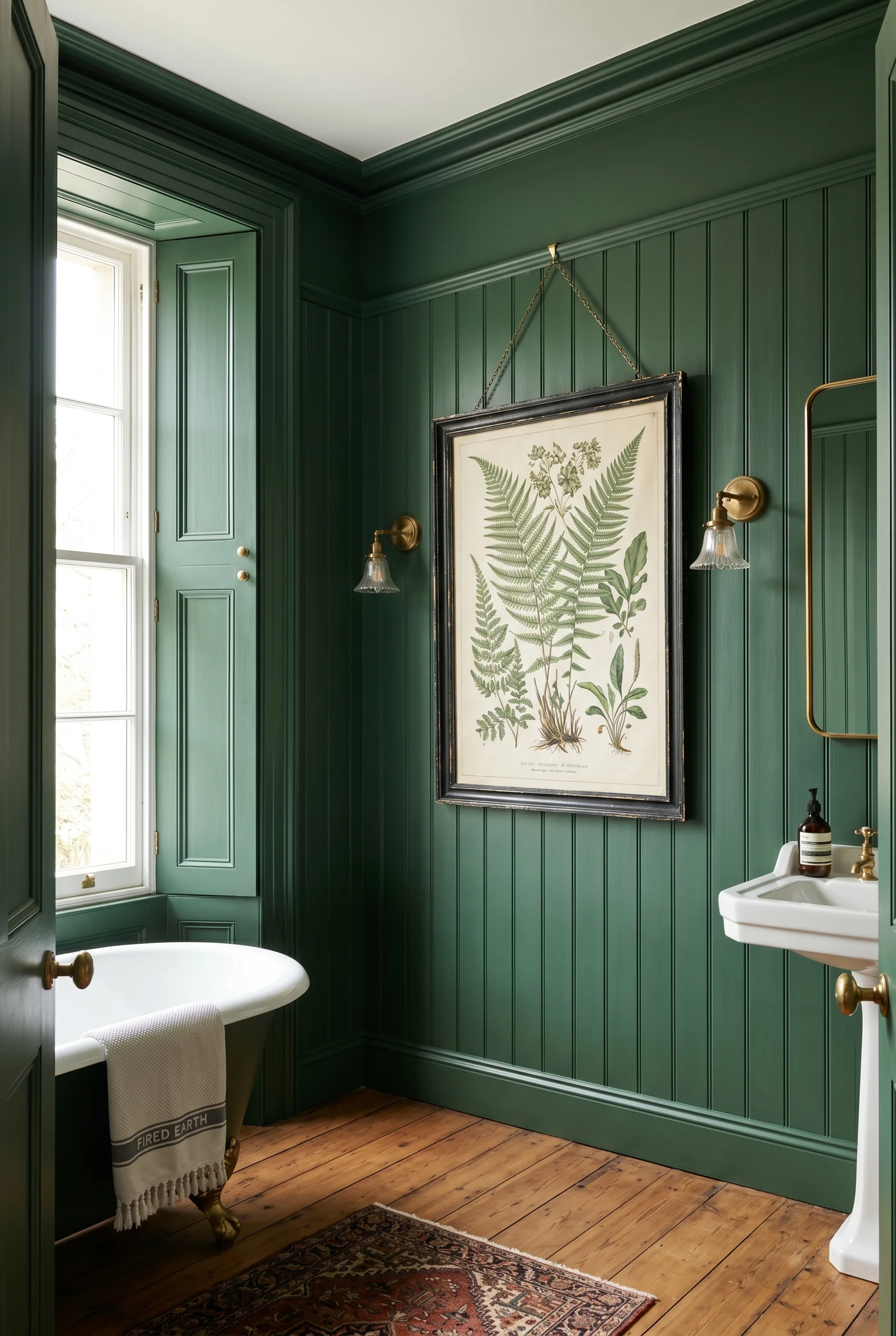 Victorian Bathroom design scene against Minster Green on full-height panelling, cornice, and picture rail. No wallpaper — all paint. Botanical print i
