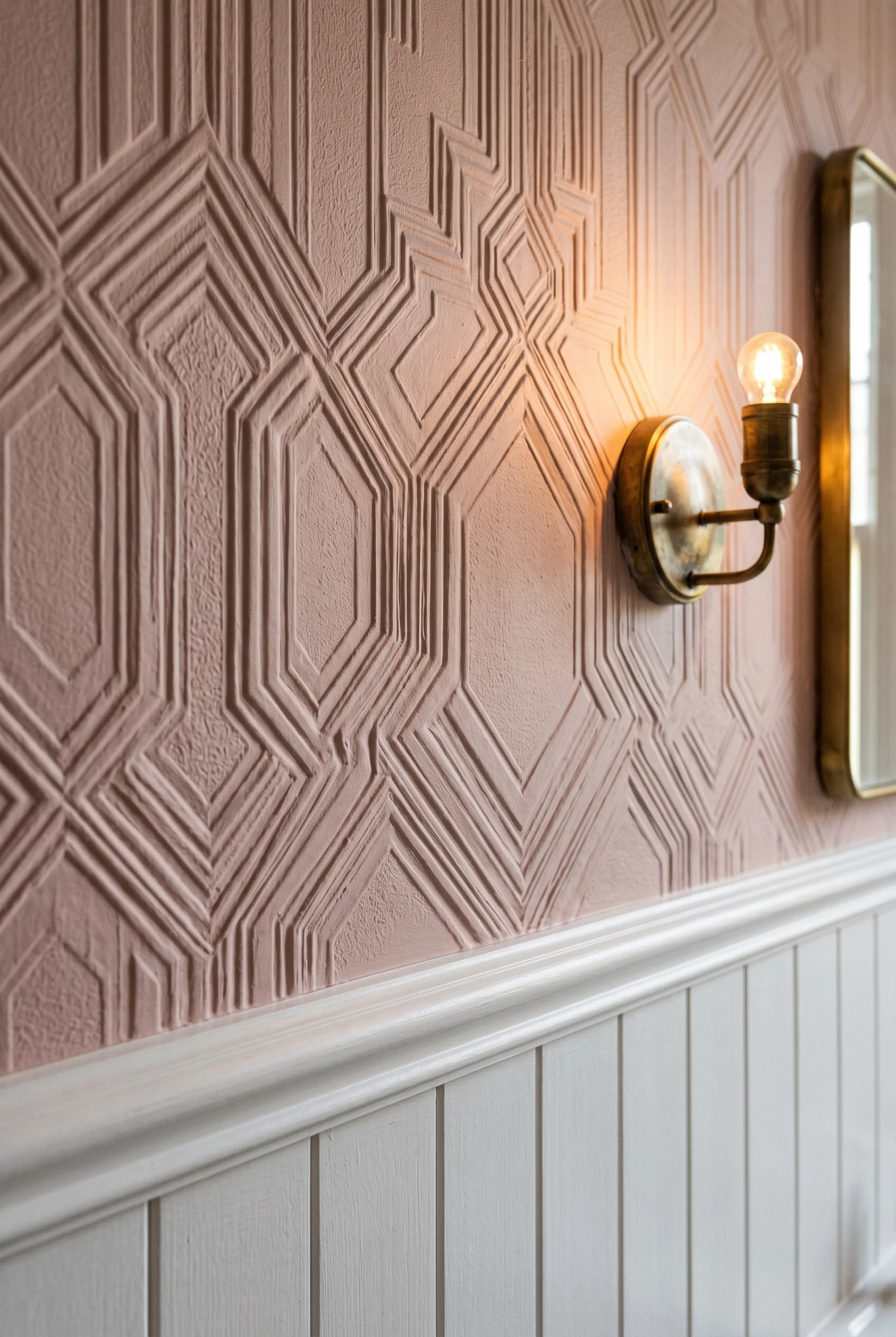 Victorian Bathroom design scene against Peignoir painted over Anaglypta high-relief geometric paper above dado. White tongue-and-groove below. Close e